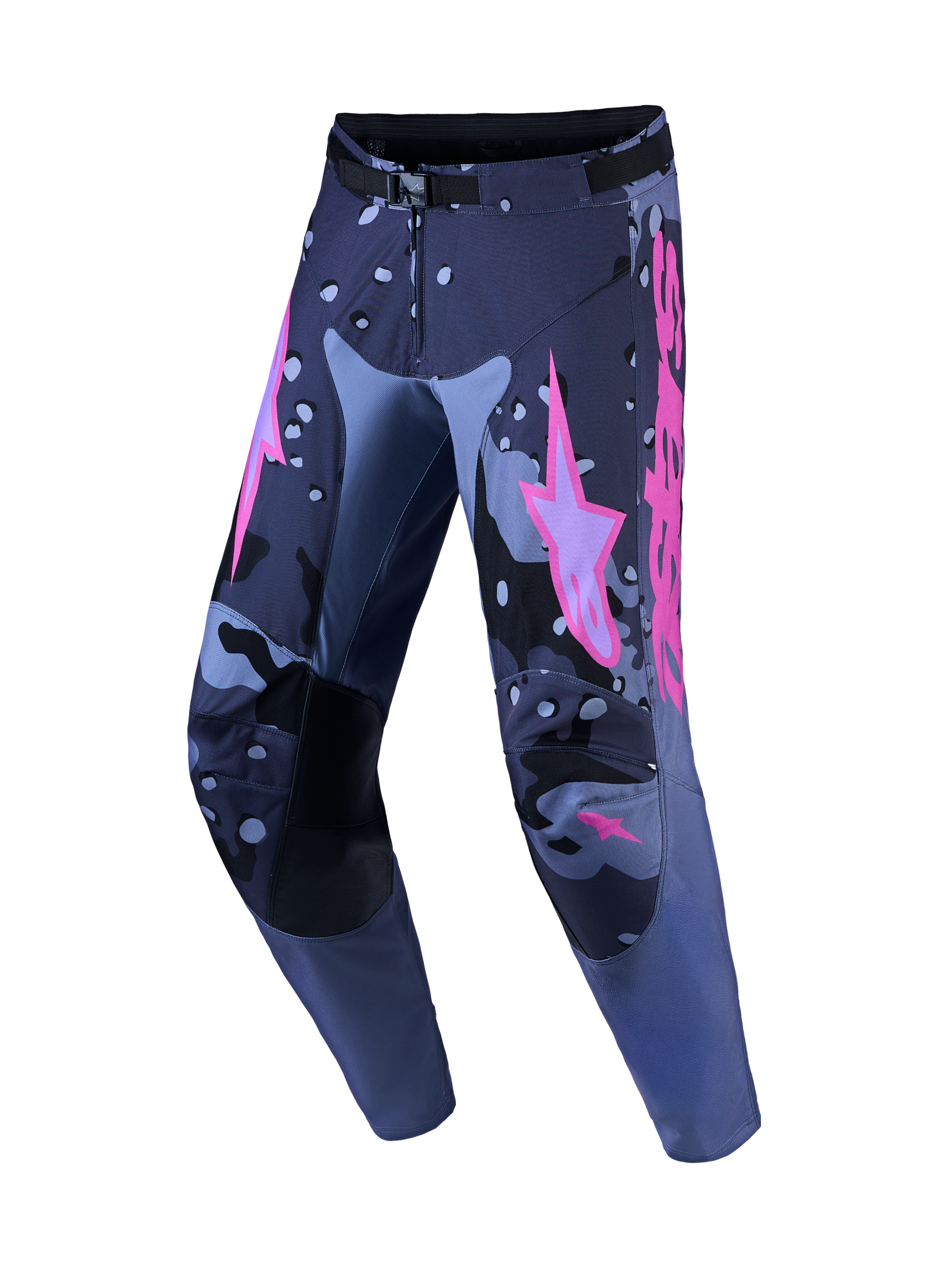 Alpinestars calças Racer Lone, calças de motocross para homem, cinzentas camufladas e roxas, com pernas pré-curvadas.