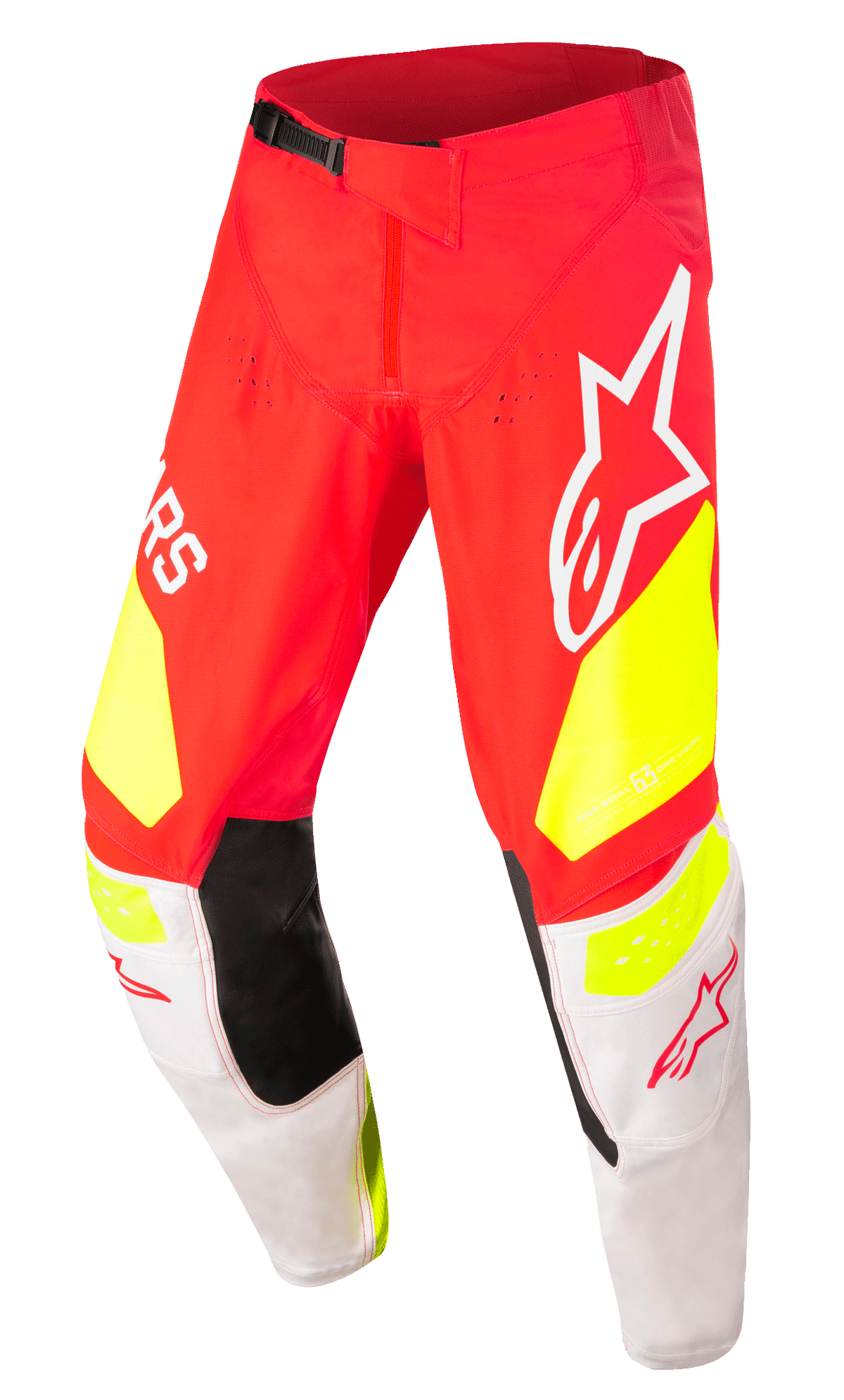 Alpinestars Techstar Factory Pants, calças de motocross, vermelhas com detalhes em amarelo néon e branco, com painéis pretos no interior dos joelhos, grandes logótipos Alpinestars, perfurações para ventilação e fivela de cintura preta ajustável.