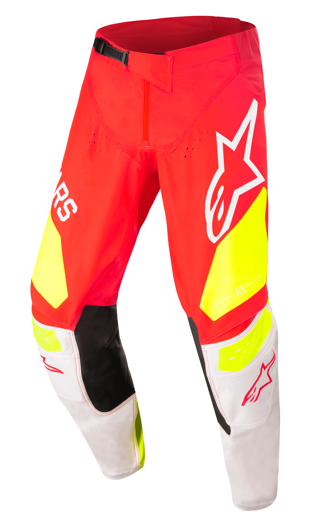Alpinestars Techstar Factory Pants, calças de motocross, vermelhas com detalhes em amarelo néon e branco, com painéis pretos no interior dos joelhos, grandes logótipos Alpinestars, perfurações para ventilação e fivela de cintura preta ajustável.