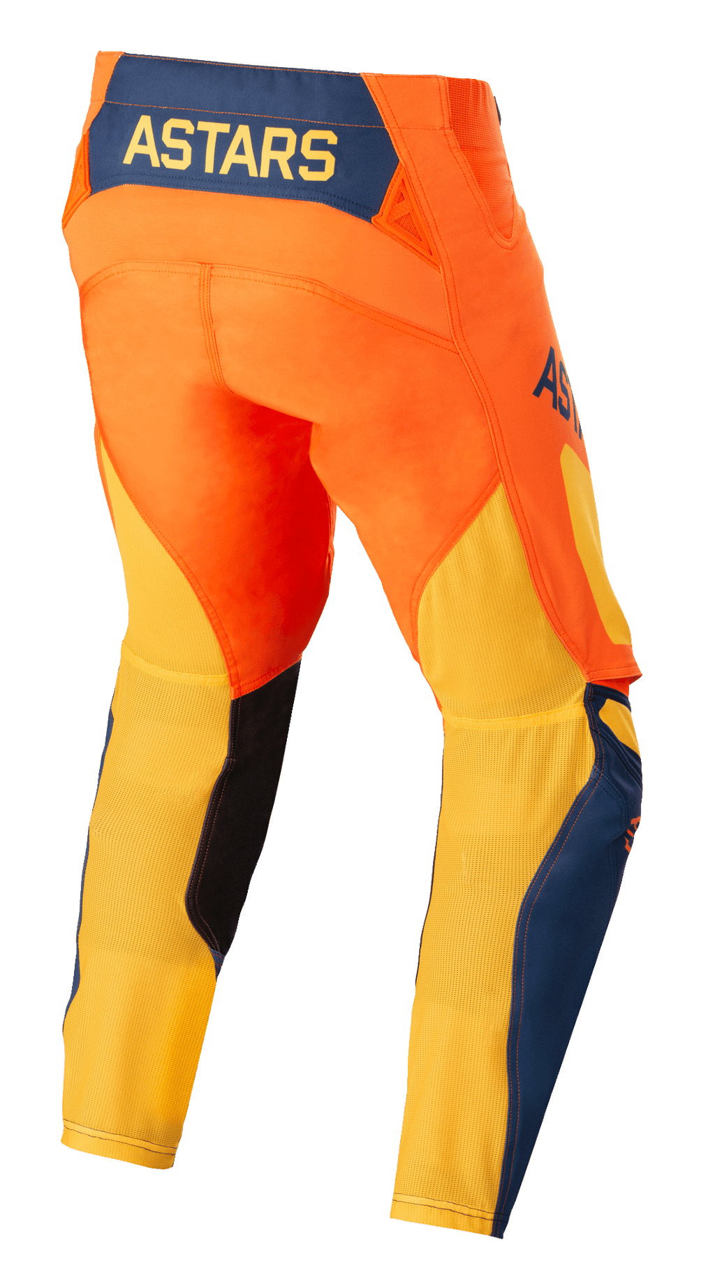 Alpinestars Techstar Factory Pants, calças de motocross, cor de laranja, azul escuro e amarelo, vista traseira com o logótipo ASTARS amarelo num painel traseiro azul escuro, chassis em laranja vibrante com malha amarela respirável na parte inferior das pernas e pormenores em azul