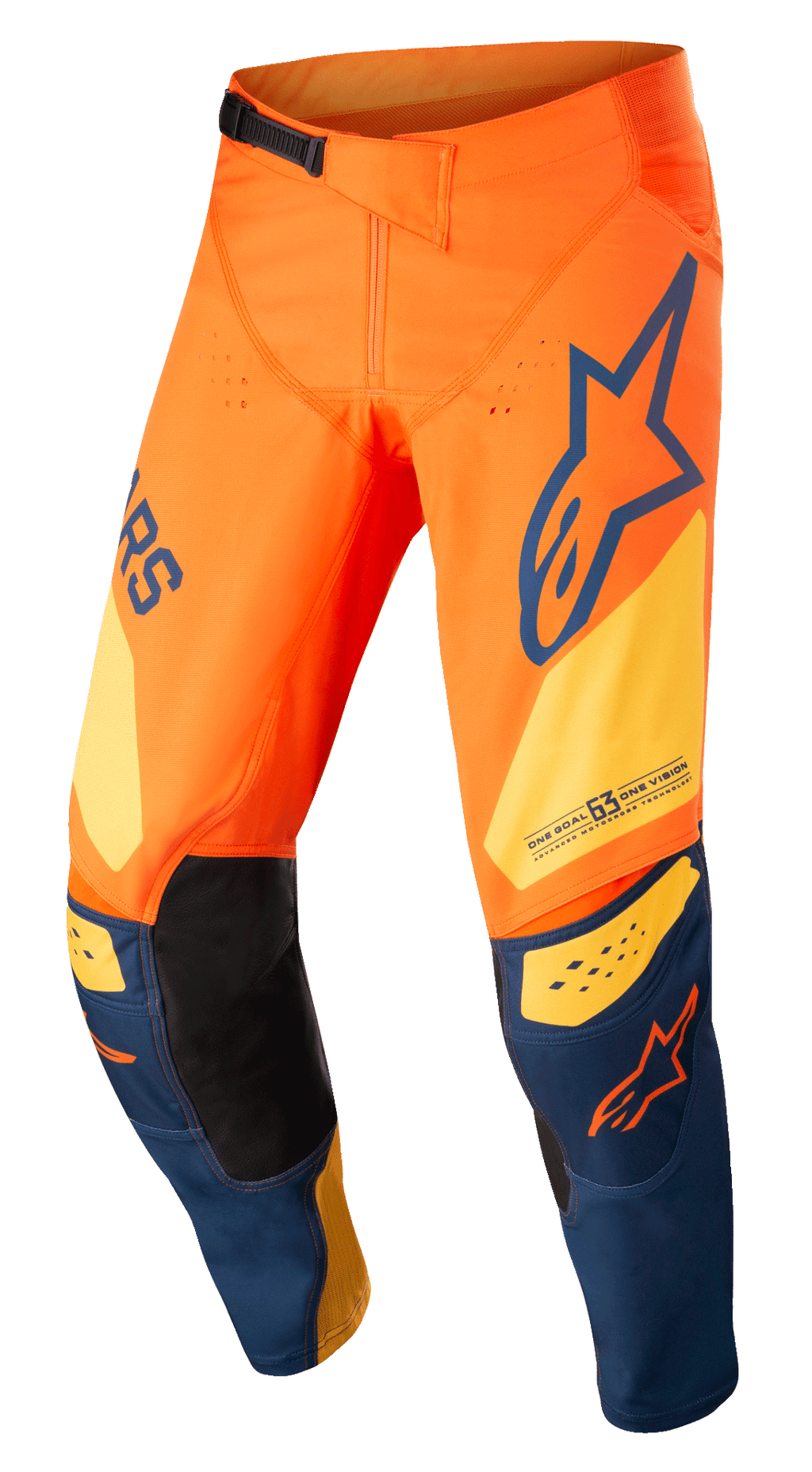 Alpinestars Techstar Factory Pants, calças de motocross, cor de laranja e azul escuro com amarelo, com logótipo em destaque, construção de joelho 3D Babel com painéis interiores em pele preta e sistema de catraca ajustável na cintura para corridas todo-o-terreno