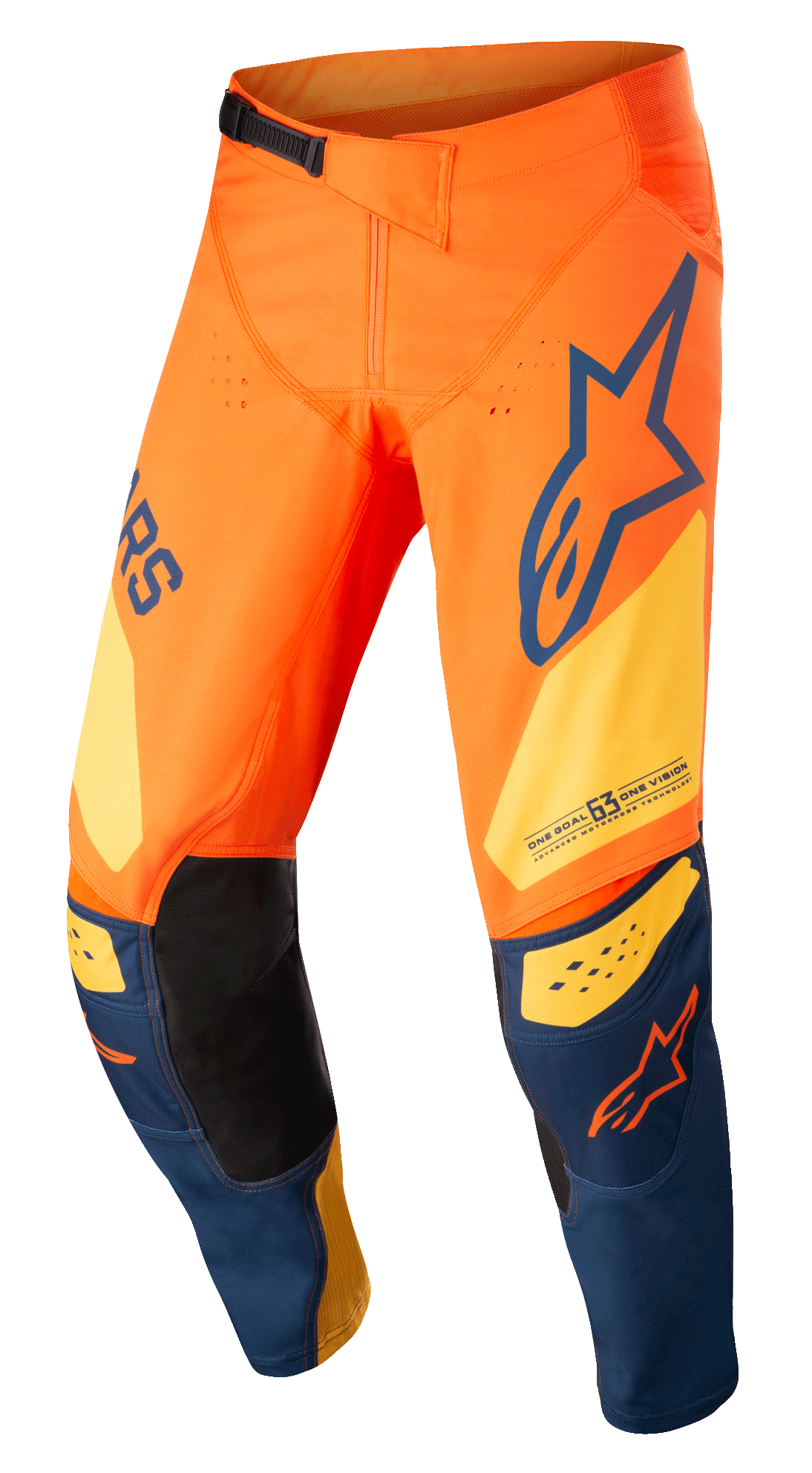 Alpinestars Techstar Factory Pants, calças de motocross, cor de laranja e azul escuro com amarelo, com logótipo em destaque, construção de joelho 3D Babel com painéis interiores em pele preta e sistema de catraca ajustável na cintura para corridas todo-o-terreno