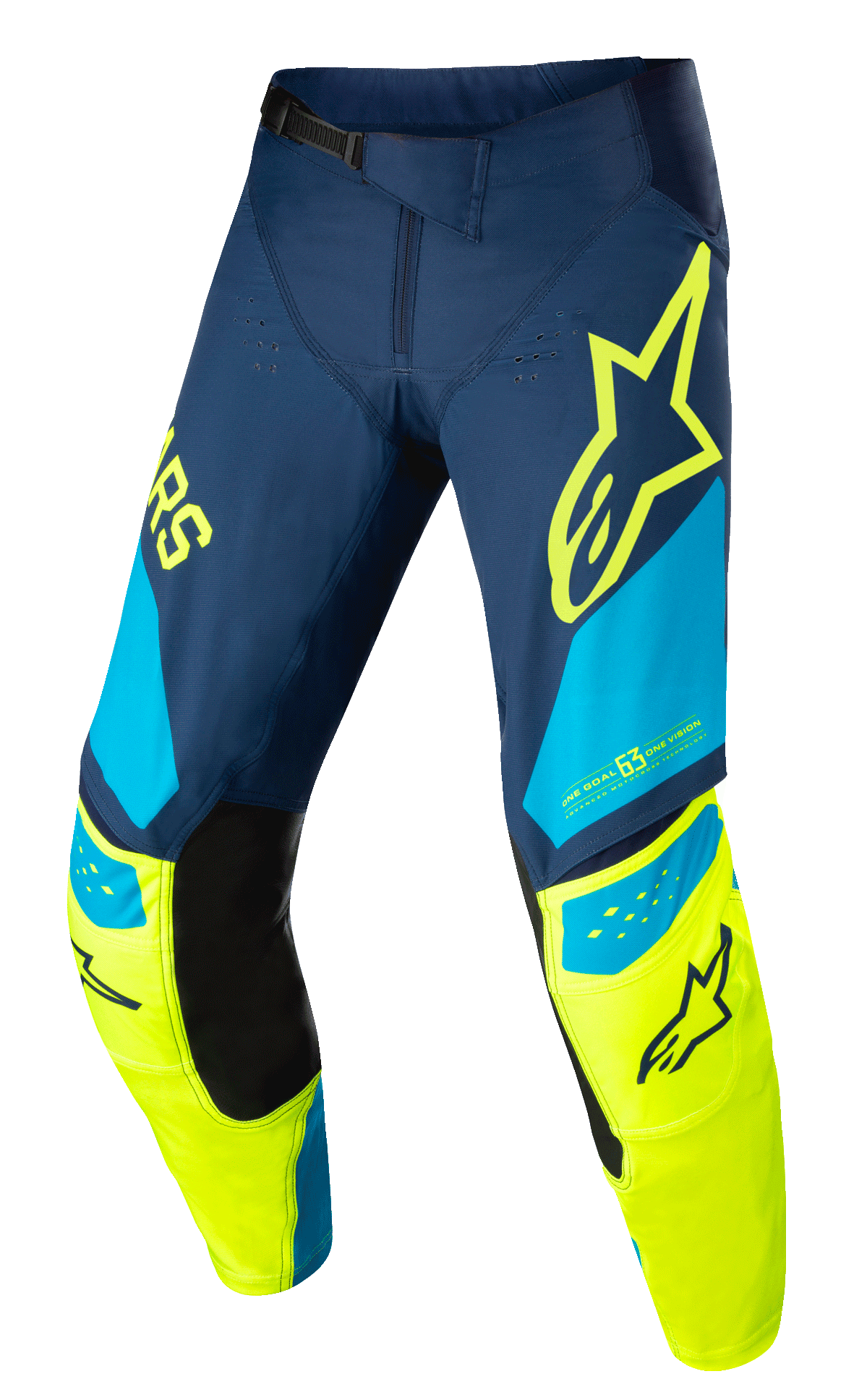 Alpinestars Techstar Factory Pants, calças de motocross, azul escuro, amarelo néon e azul claro, com painéis internos pretos nos joelhos, logótipo de estrela amarela na coxa, marca "ONE GOAL ONE VISION" e zonas de ventilação perfuradas para performance todo-o-terreno