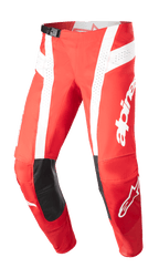 Alpinestars 2023 Techstar Arch Pants, Motocross Racing Pants, Mars Red and White, black leather knee patches, perforated ventilation panels, adjustable waist buckle, performance off-road gear