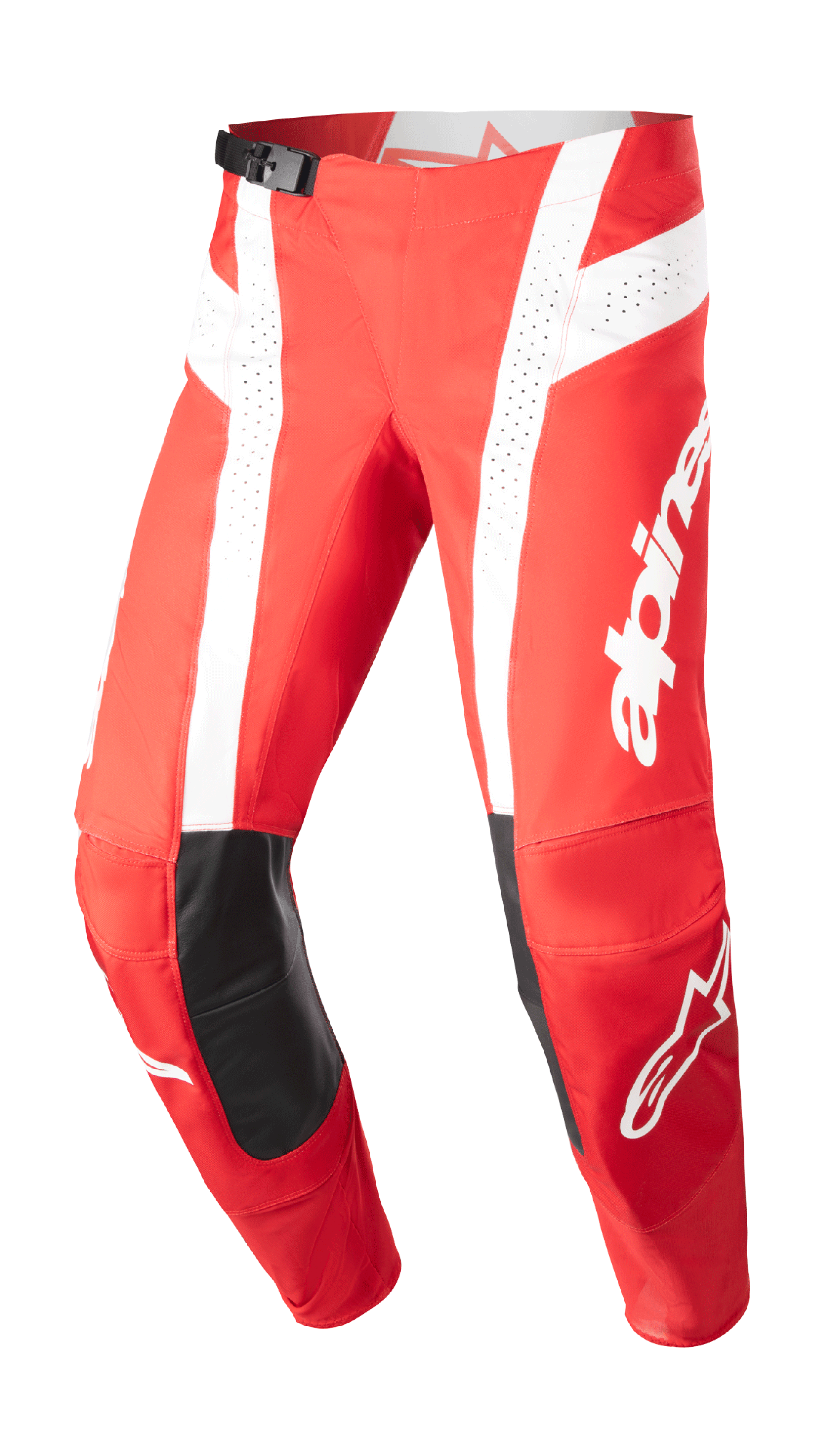 Alpinestars 2023 Techstar Arch Pants, calças de motocross, vermelho Marte e branco, painéis em pele preta nos joelhos, painéis de ventilação perfurados, fivela ajustável na cintura, equipamento de performance para todo-o-terreno