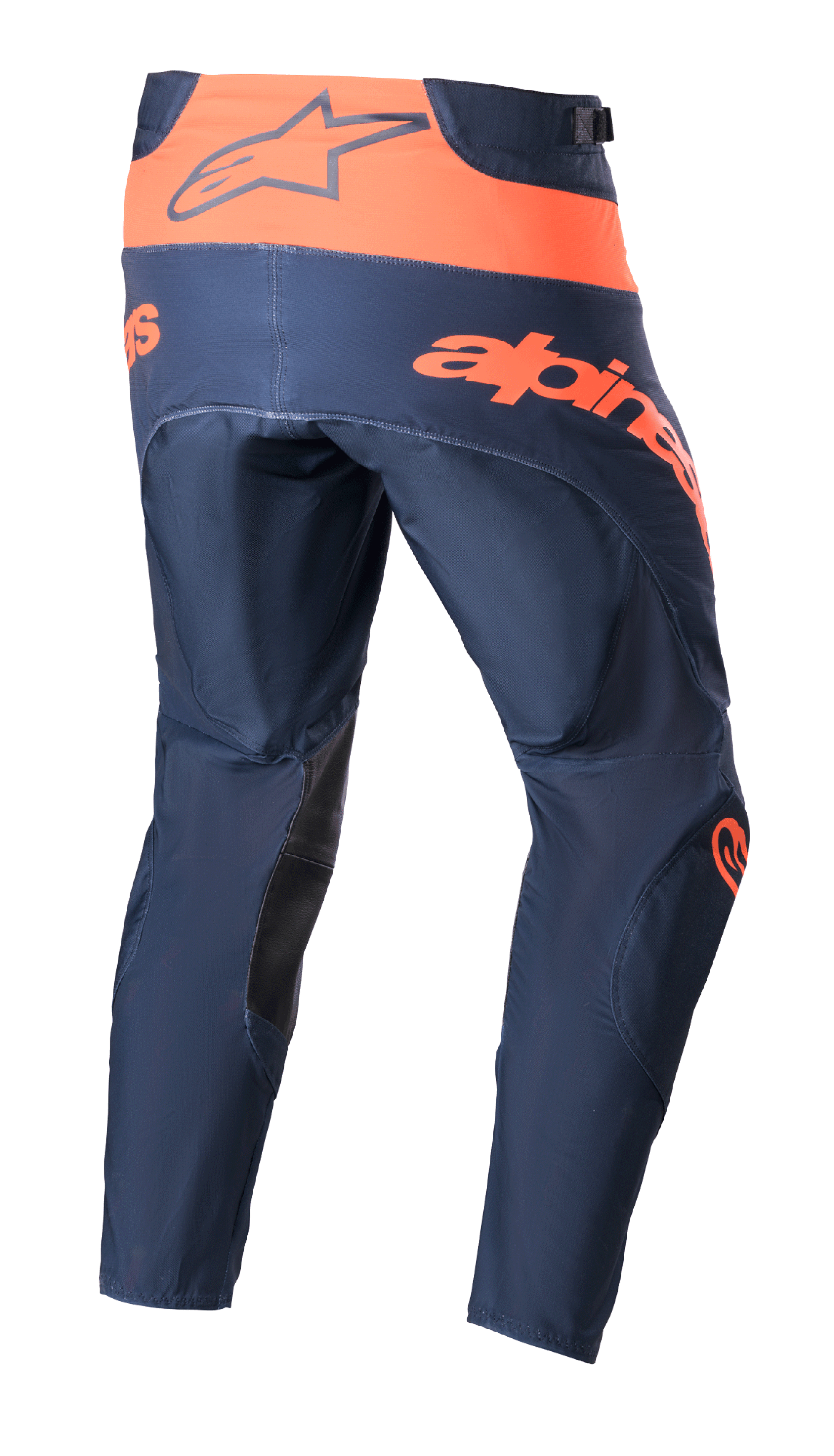 Alpinestars 2023 Techstar Arch Pants, calças de motocross, azul marinho e laranja, vista traseira mostrando a cintura laranja com o logótipo Alpinestars, texto grande laranja no assento e reforços pretos na parte interna da perna