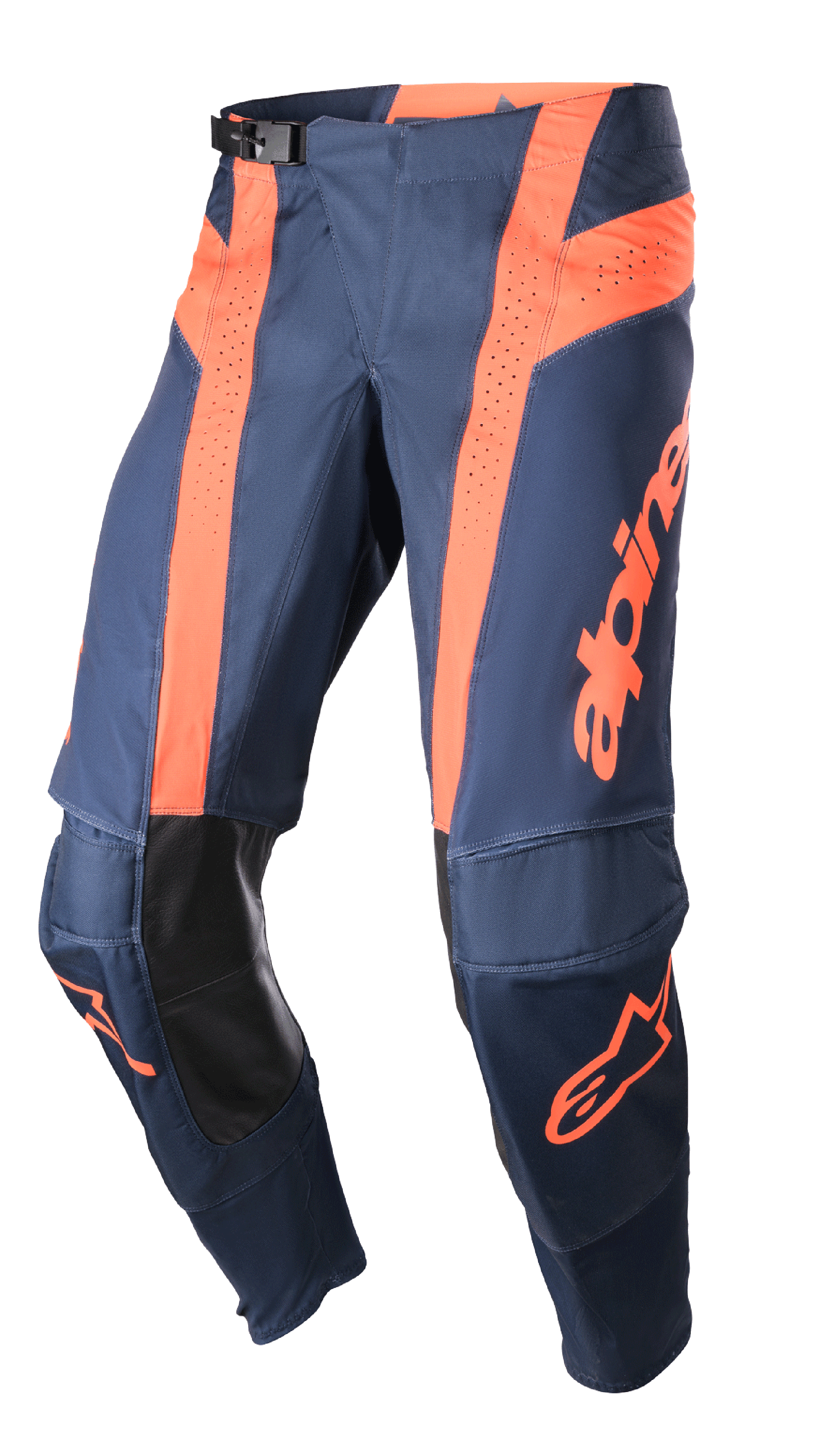 Alpinestars 2023 Techstar Arch Pants, calças de motocross, azul escuro e laranja vibrante, painéis de ventilação perfurados, proteção interior do joelho em pele preta, fivela de cintura ajustável, equipamento de todo-o-terreno de alta performance
