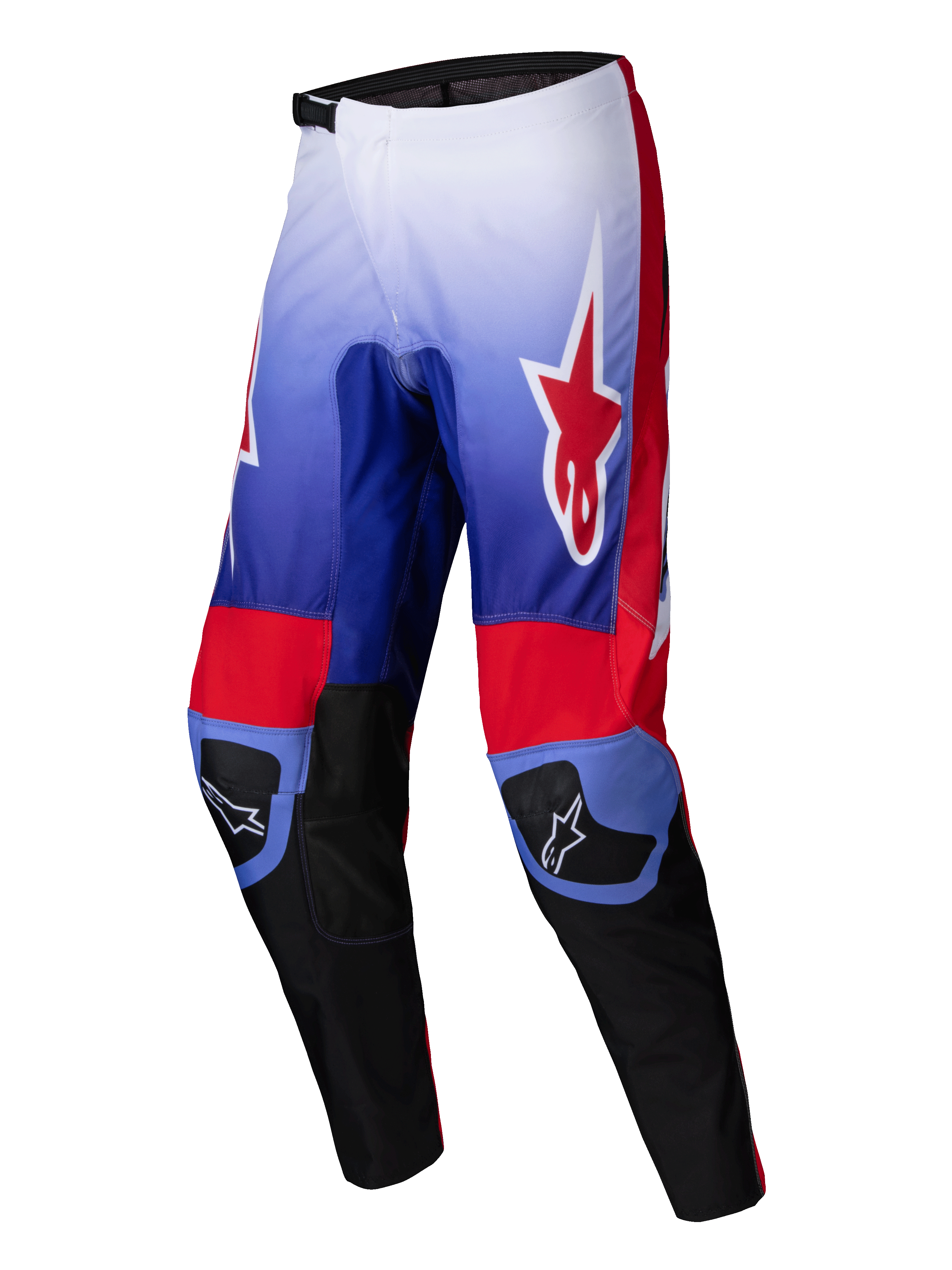 Alpinestars 2025 Fluid Wurx Pants, motocross riding pants in Purple and Bright Red, featuring 600D polyfabric construction and stretch corduroy panels for off-road performance