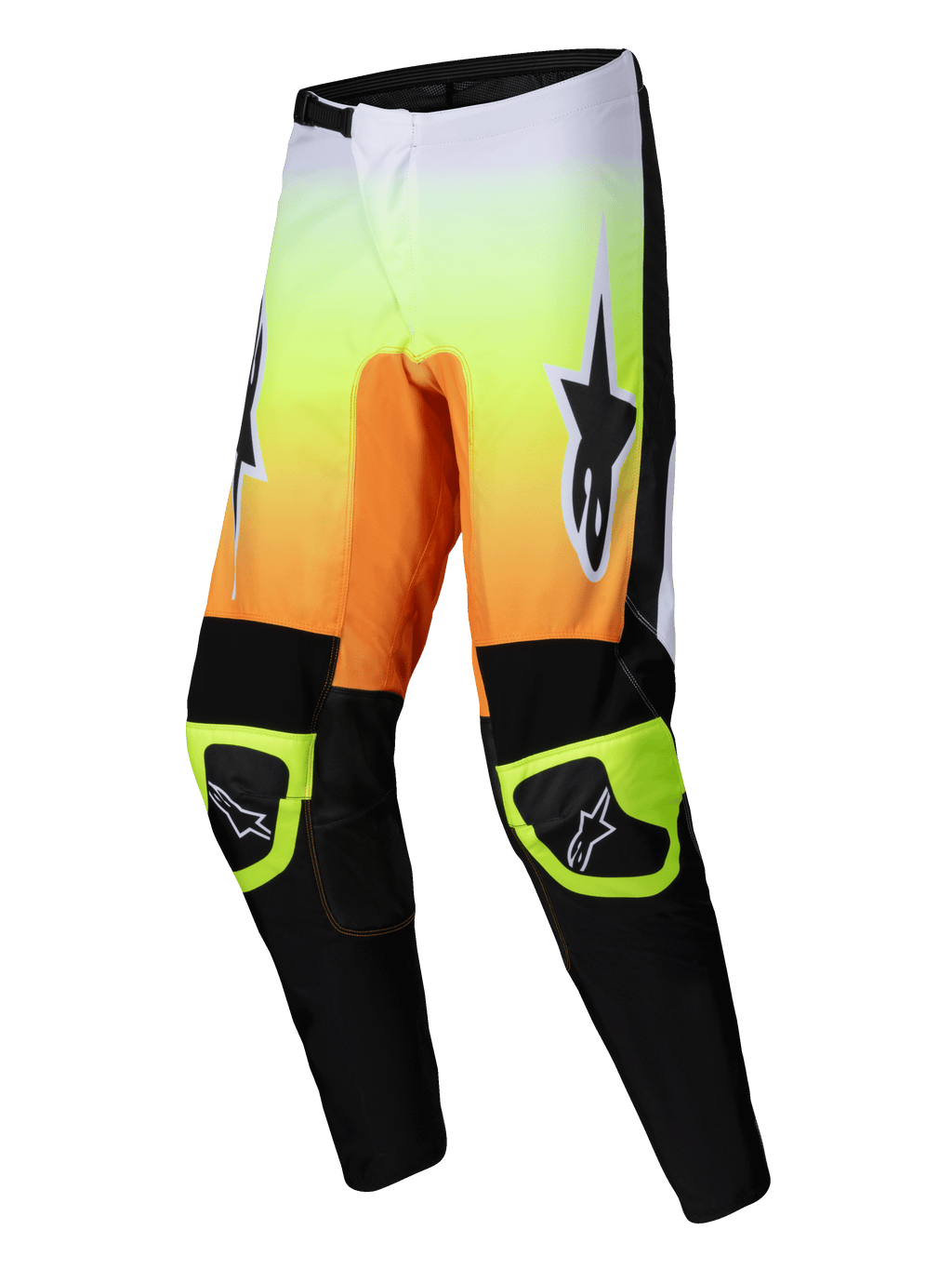 Alpinestars 2025 Fluid Wurx Pants, Men's Motocross Off-Road Pants, Yellow, Orange and Black, lightweight 600D polyfabric construction with pre-curved legs and synthetic leather reinforced knees