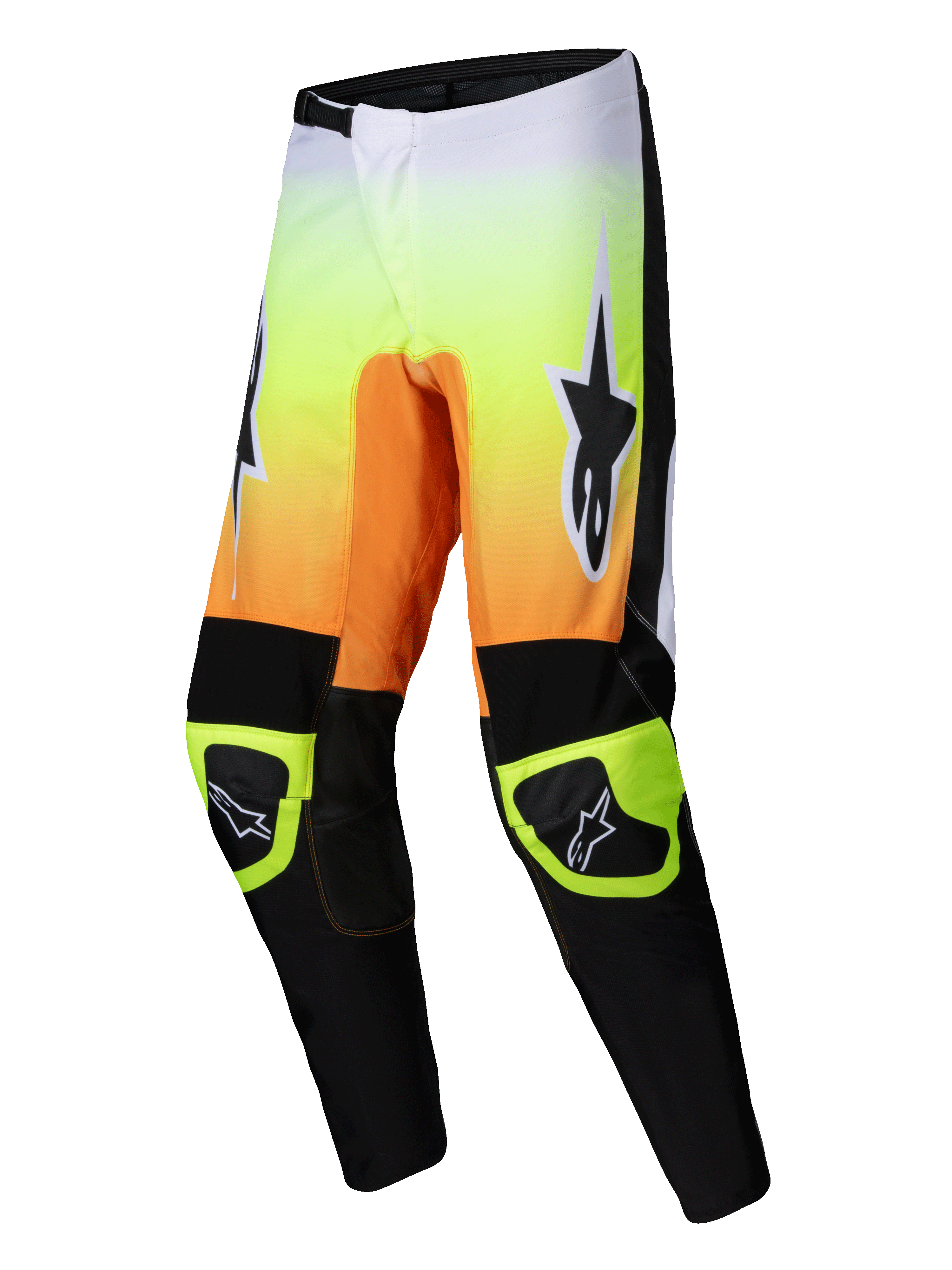 Alpinestars 2025 Fluid Wurx Pants, Men's Motocross Off-Road Pants, Yellow, Orange and Black, lightweight 600D polyfabric construction with pre-curved legs and synthetic leather reinforced knees