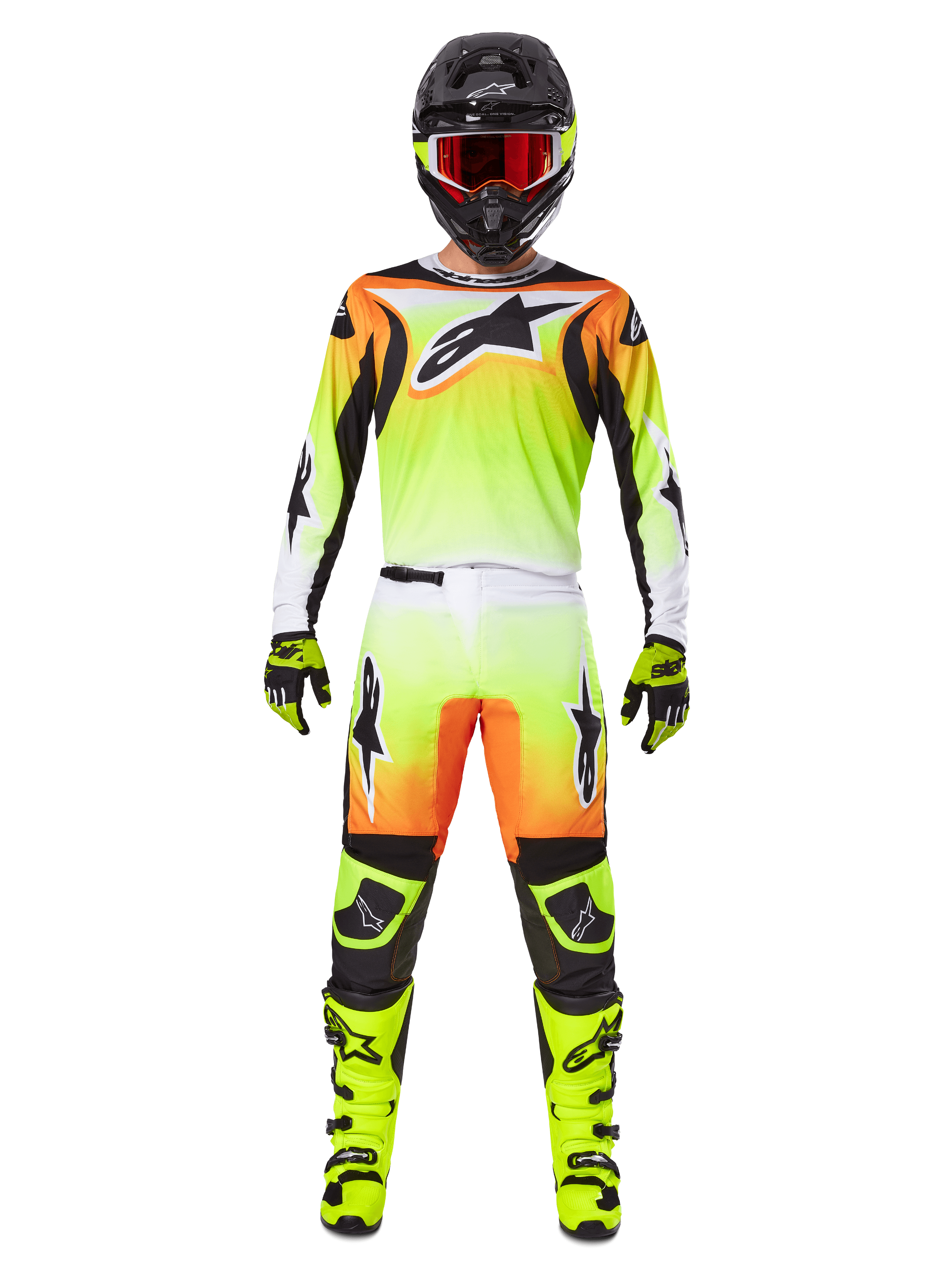 Alpinestars 2025 Fluid Wurx Pants, calças de motocross, amarelas e pretas com degradê laranja e branco, usadas com camisola a condizer, botas amarelo vibrante e capacete preto com óculos vermelhos, equipamento completo de motocross.