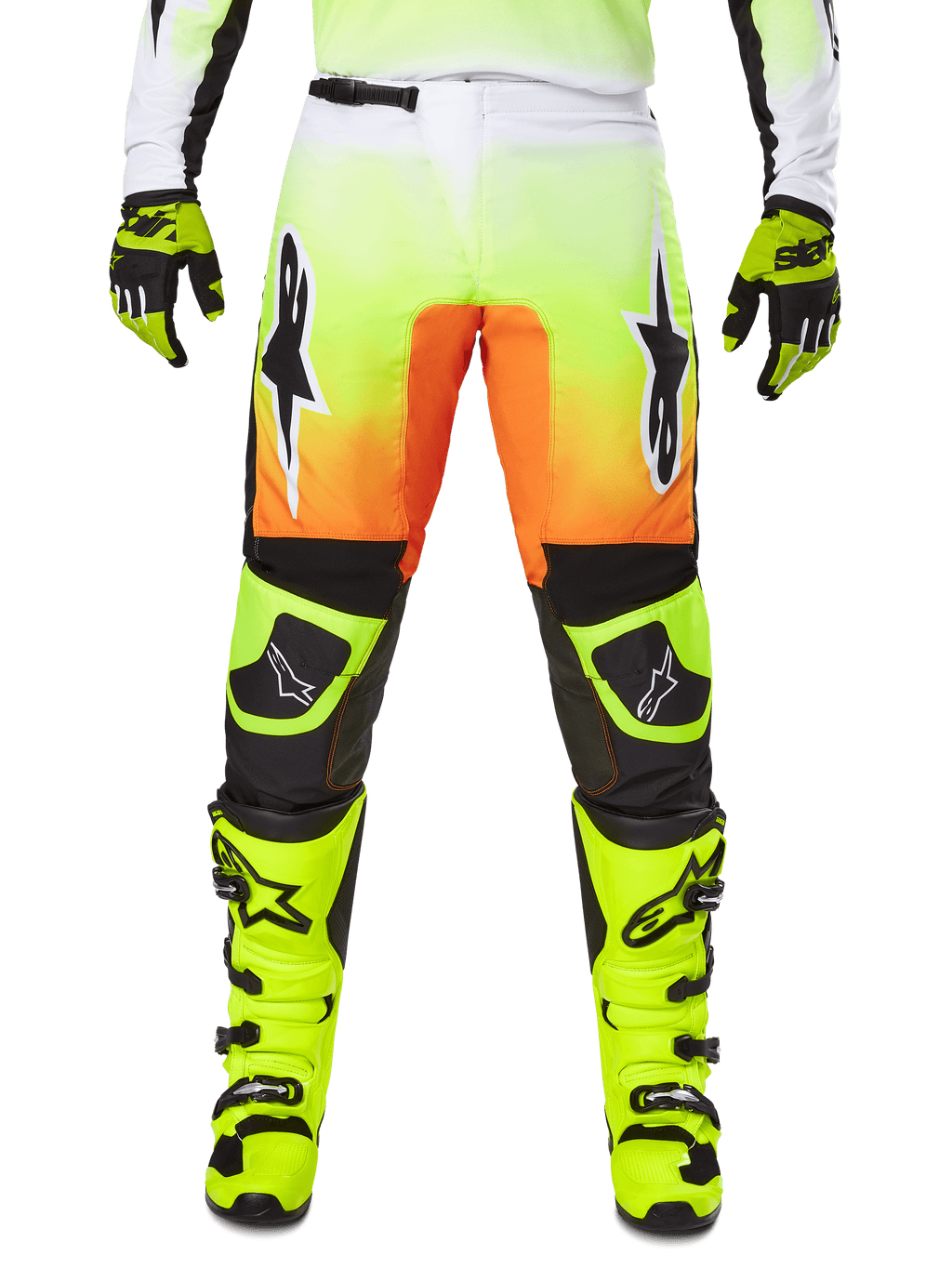 Alpinestars 2025 Fluid Wurx Pants, calças de motocross, amarelo néon e laranja, logótipos de estrela pretos e brancos, design de corrida elegante com secções pretas nos joelhos, coordenadas com botas e luvas amarelo néon a condizer