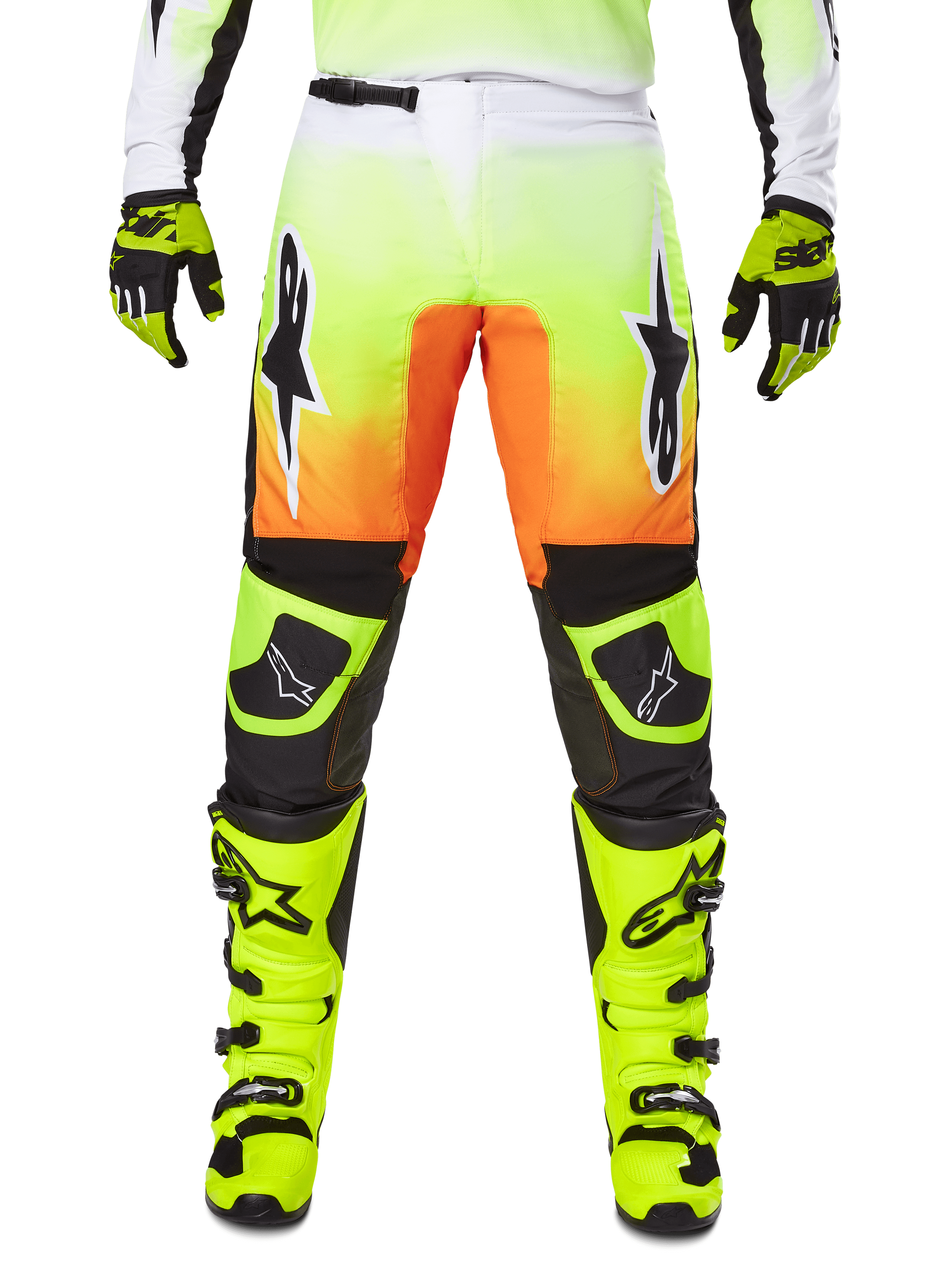 Alpinestars 2025 Fluid Wurx Pants, calças de motocross, amarelo néon e laranja, logótipos de estrela pretos e brancos, design de corrida elegante com secções pretas nos joelhos, coordenadas com botas e luvas amarelo néon a condizer