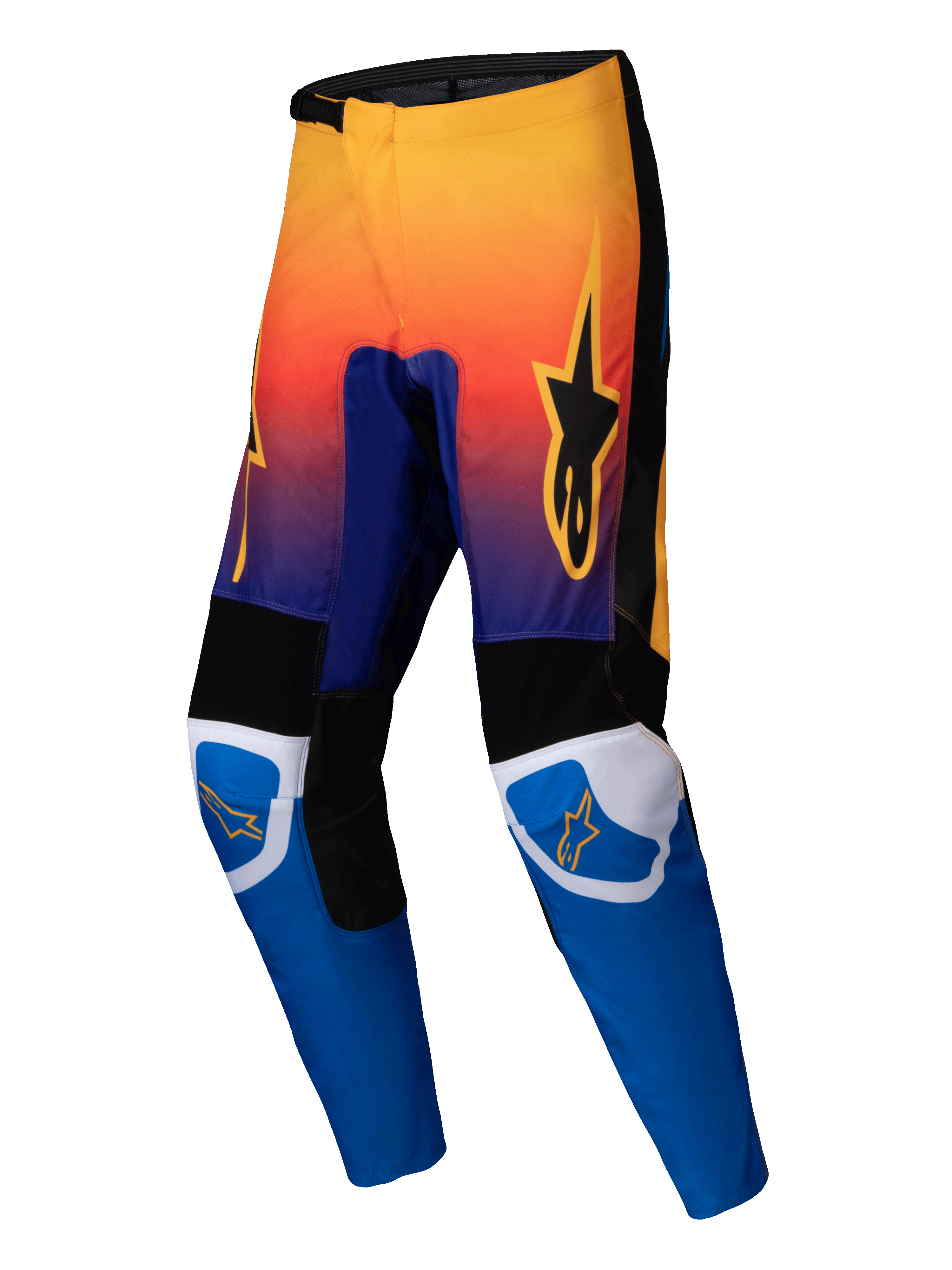 Alpinestars 2025 Fluid Wurx Pants, calças de motocross, multicor com gradiente de laranja a roxo na parte superior e pernas inferiores em azul vivo, painéis reforçados pretos e brancos, logótipo de estrela laranja nas coxas e joelhos, design durável para competição todo-o-terreno