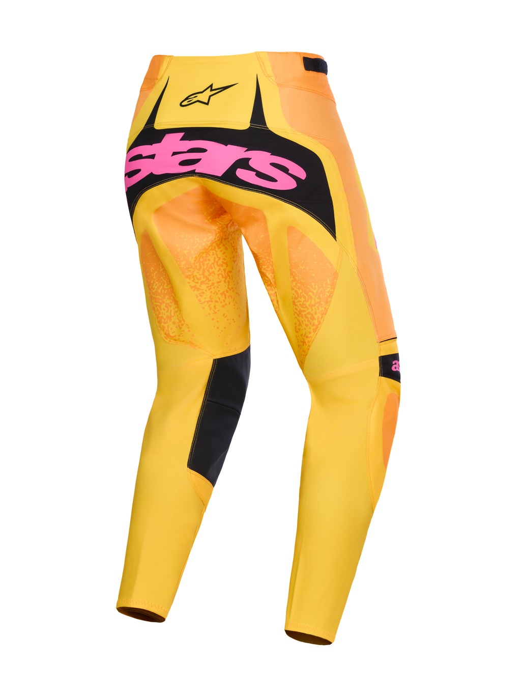 Alpinestars 2026 Techstar Nomur Pants, calças de motocross, laranja, amarelo e rosa, vista traseira com marca grande em rosa num painel de assento preto, design vibrante em degradê com detalhes pretos no interior das pernas, equipamento de competição off-road de alto desempenho