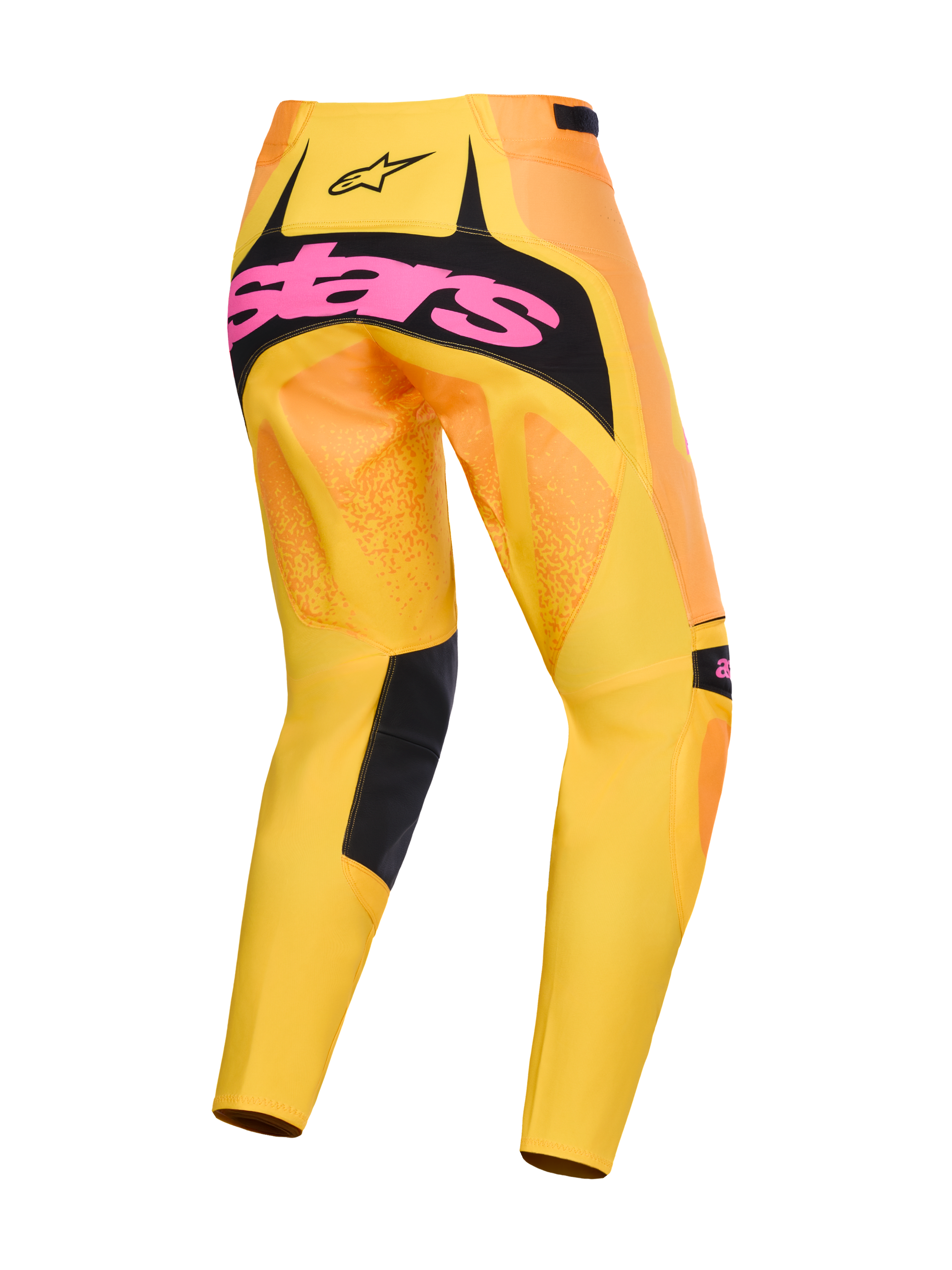 Alpinestars 2026 Techstar Nomur Pants, calças de motocross, laranja, amarelo e rosa, vista traseira com marca grande em rosa num painel de assento preto, design vibrante em degradê com detalhes pretos no interior das pernas, equipamento de competição off-road de alto desempenho