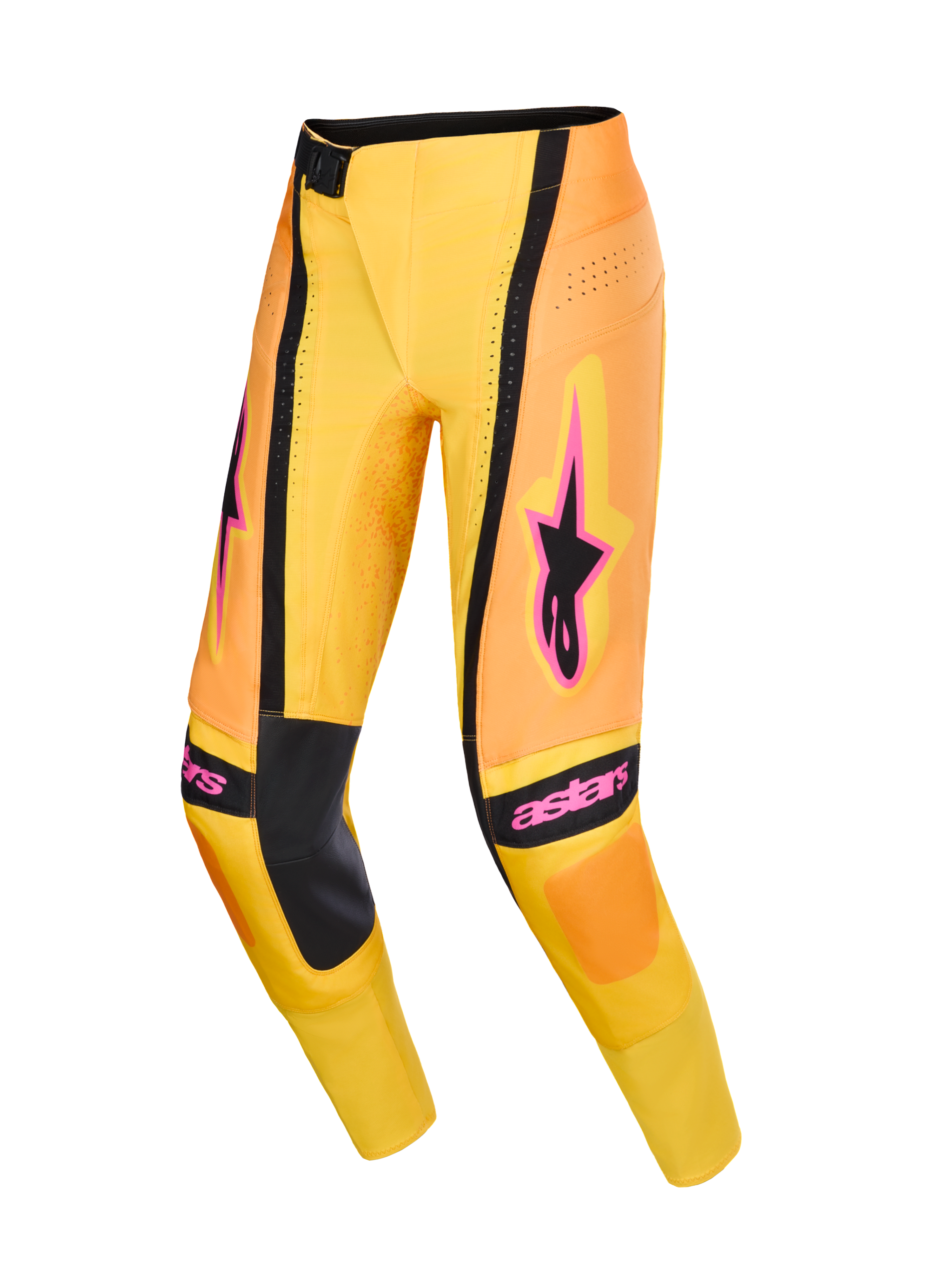 Alpinestars 2026 Techstar Nomur Pants, calças de motocross, laranja, amarelo e cor-de-rosa, com painéis pretos no interior dos joelhos e logótipos Alpinestars cor-de-rosa, design técnico com perfurações para ventilação, corte atlético e equipamento de alta performance para todo-o-terreno