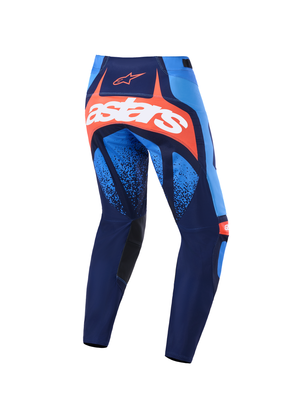 Calças Alpinestars 2026 Techstar Nomur, calças de motocross, azul marinho escuro, laranja e azul UCLA, vista traseira com um logótipo astars branco em destaque num painel laranja, design multi-painel com detalhes em azul claro, painéis interiores dos joelhos em preto, equipamento durável para corridas off-road.