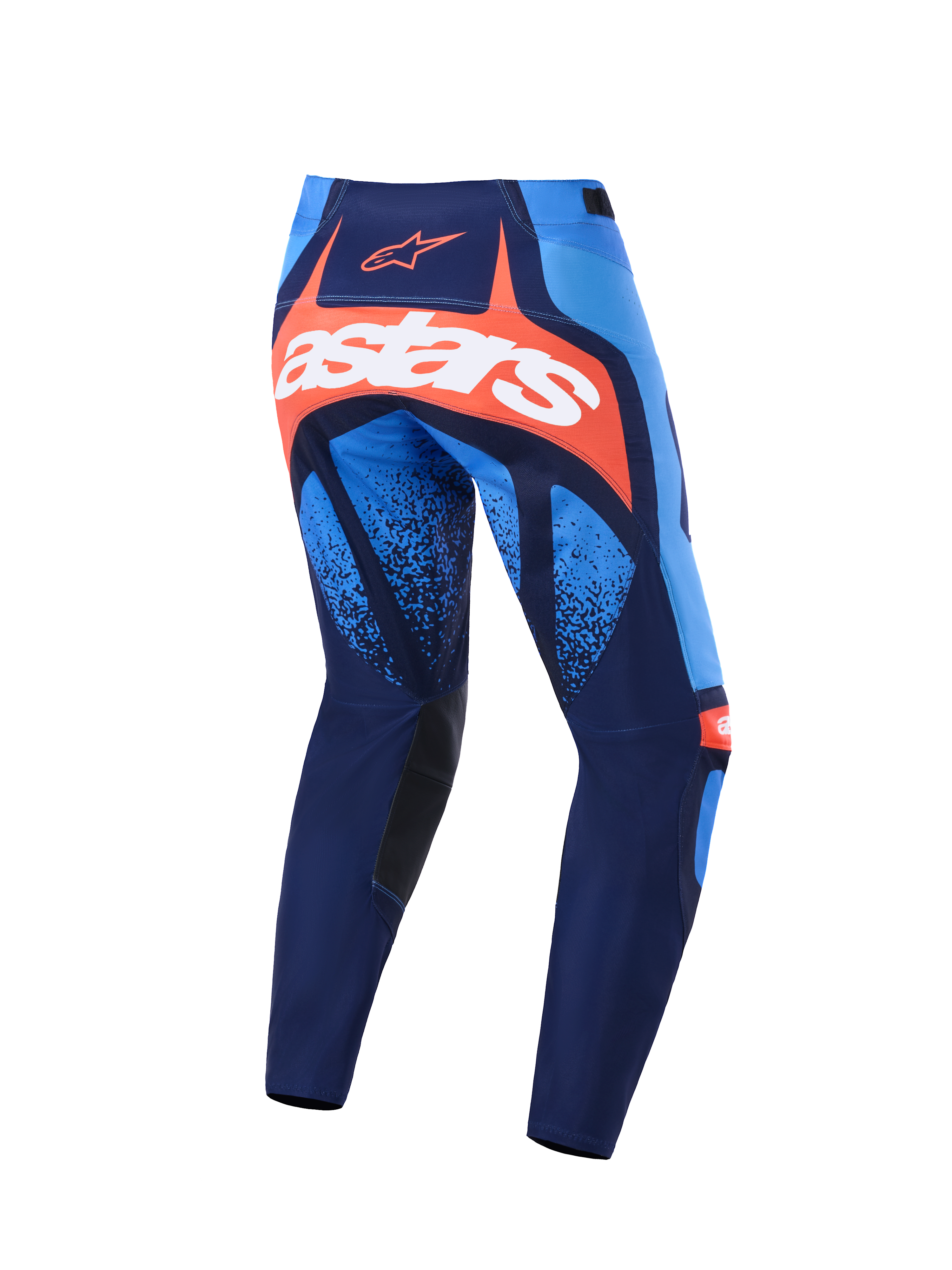 Calças Alpinestars 2026 Techstar Nomur, calças de motocross, azul marinho escuro, laranja e azul UCLA, vista traseira com um logótipo astars branco em destaque num painel laranja, design multi-painel com detalhes em azul claro, painéis interiores dos joelhos em preto, equipamento durável para corridas off-road.
