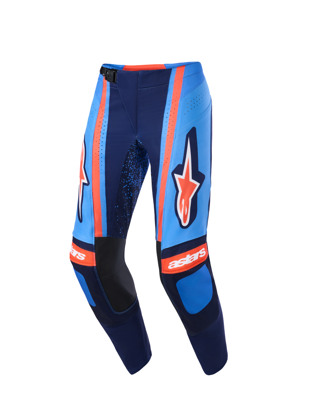 Alpinestars 2026 Techstar Nomur Pants, calças de motocross, azul-marinho escuro, laranja e azul UCLA, com marca Alpinestars de destaque nas coxas, logótipo 'astars' nos joelhos, fivela magnética na cintura e perfurações a laser para fluxo de ar, equipamento de off-road de alta performance