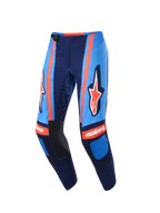 Alpinestars 2026 Techstar Nomur Pants, calças de motocross, azul-marinho escuro, laranja e azul UCLA, com marca Alpinestars de destaque nas coxas, logótipo 'astars' nos joelhos, fivela magnética na cintura e perfurações a laser para fluxo de ar, equipamento de off-road de alta performance