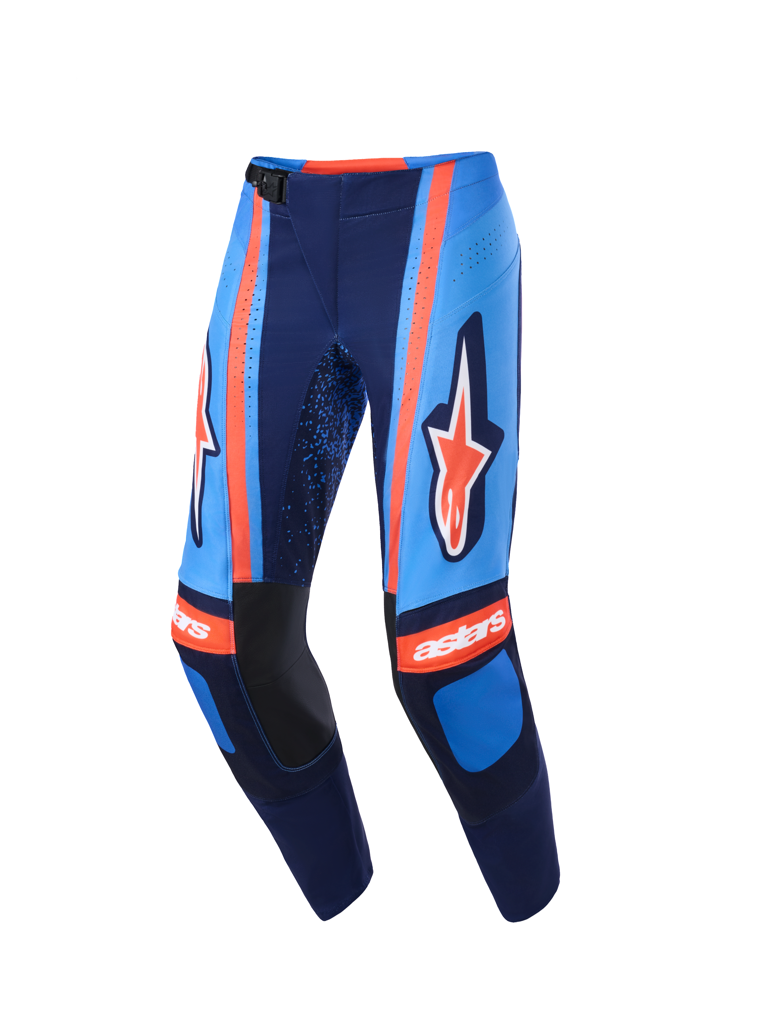 Alpinestars 2026 Techstar Nomur Pants, calças de motocross, azul-marinho escuro, laranja e azul UCLA, com marca Alpinestars de destaque nas coxas, logótipo 'astars' nos joelhos, fivela magnética na cintura e perfurações a laser para fluxo de ar, equipamento de off-road de alta performance
