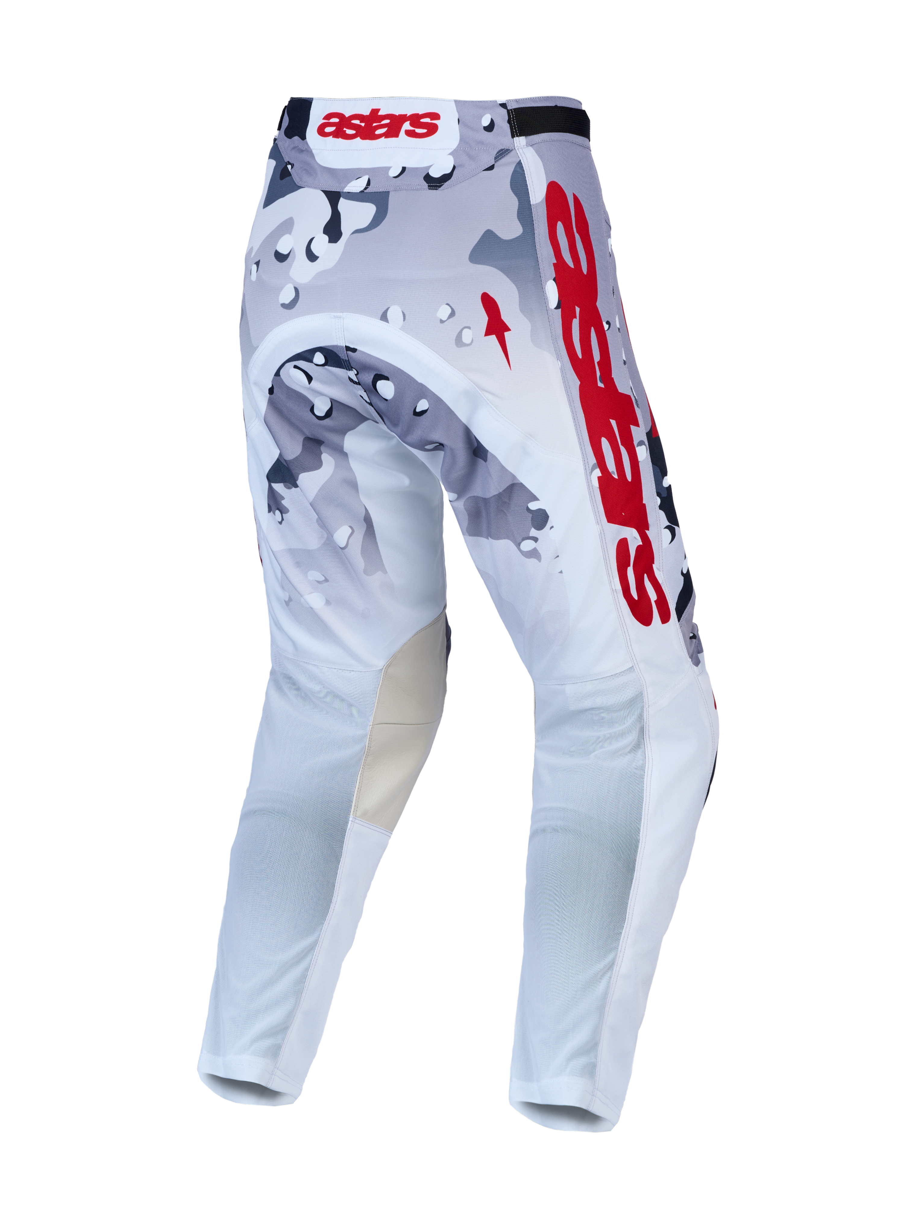 Alpinestars Racer Air Lone, calças de motocross ventiladas, cinzentas e brancas camufladas, logótipo vermelho, vista traseira