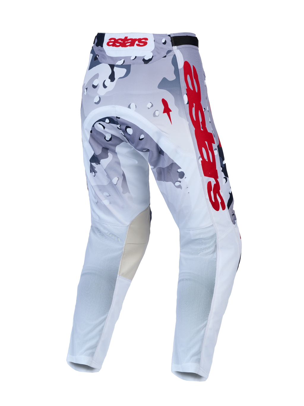 Alpinestars Racer Air Lone, calças de motocross para homem, cinzentas camufladas e brancas com pormenores vermelhos, vista traseira, tecido perfurado e construção pré-curvada.