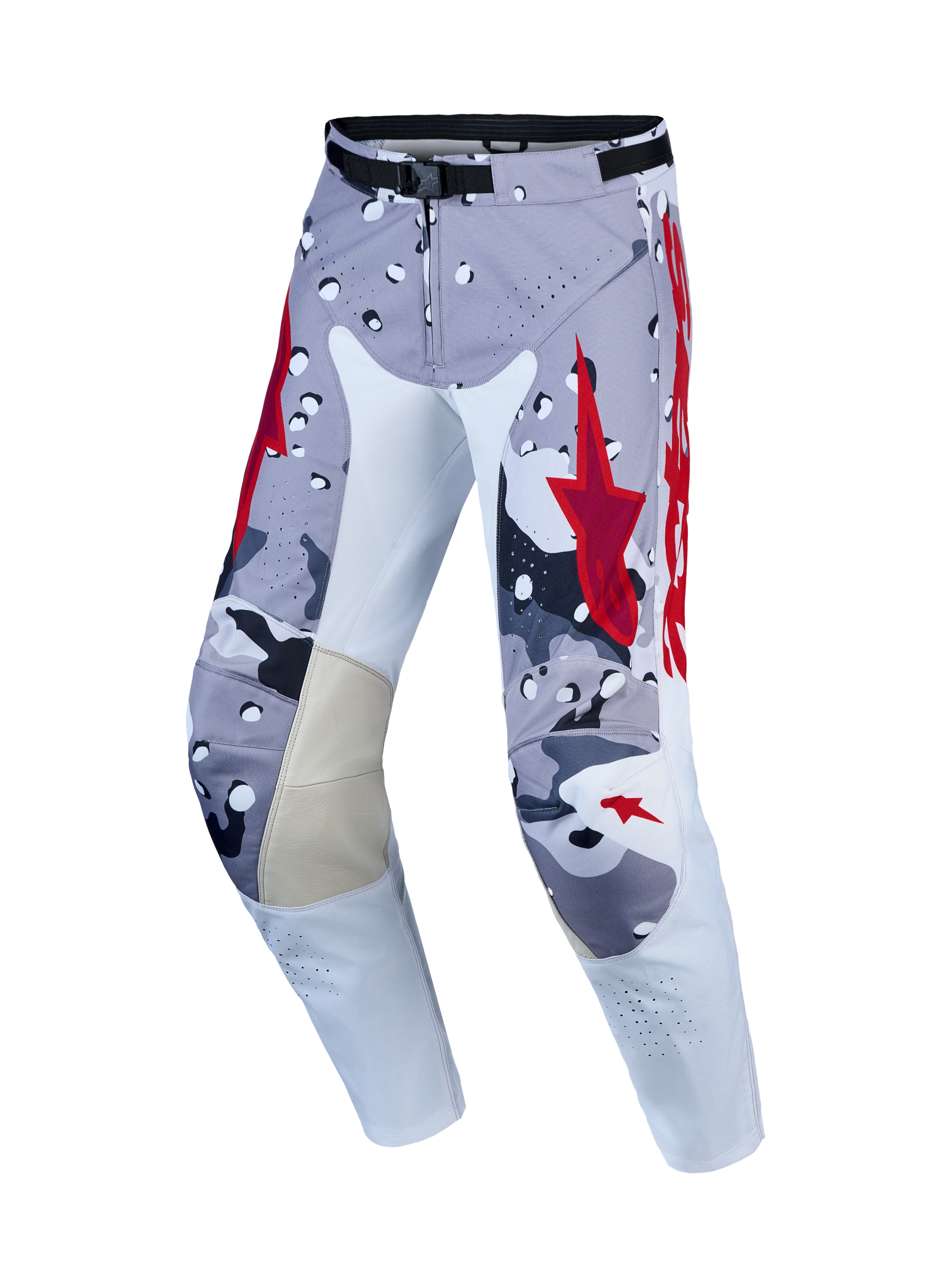 Alpinestars Racer Air Lone, calças de motocross para homem, cinzento camuflado e vermelho, com tecido perfurado e painéis internos em pele