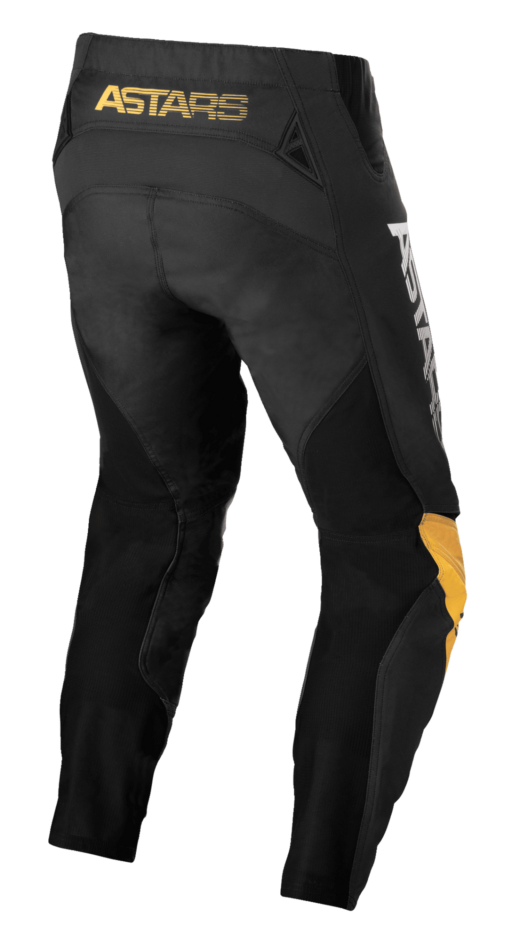 Alpinestars Techstar Quadro Pants, calças de motocross, pretas, amarelas e tangerina, vista traseira com o logótipo 'ASTARS' amarelo na cintura, inserções de malha preta para ventilação e painéis ergonómicos nos joelhos para maior durabilidade em corridas todo-o-terreno