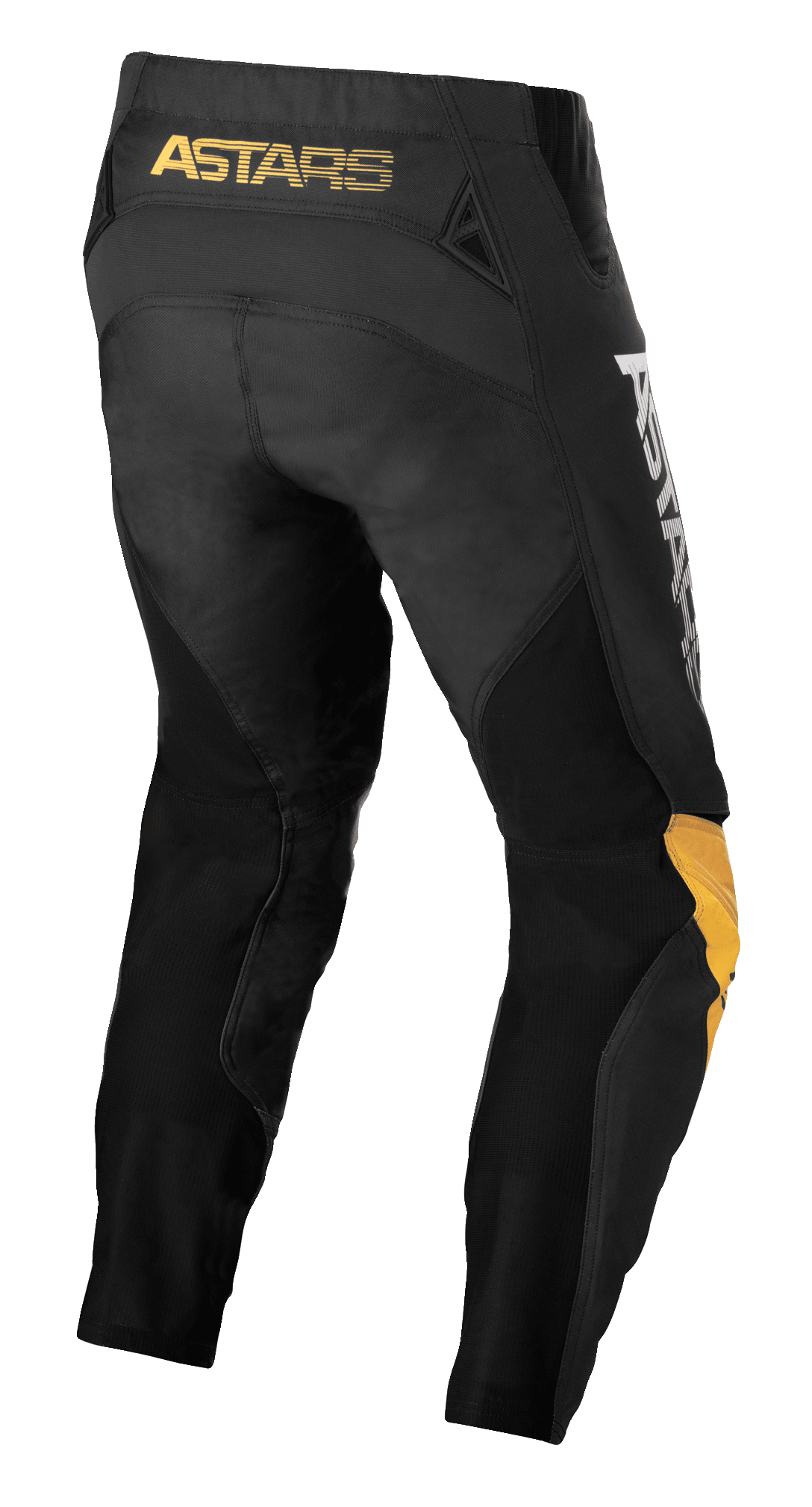 Alpinestars Techstar Quadro Pants, calças de motocross, pretas, amarelas e tangerina, vista traseira com o logótipo 'ASTARS' amarelo na cintura, inserções de malha preta para ventilação e painéis ergonómicos nos joelhos para maior durabilidade em corridas todo-o-terreno