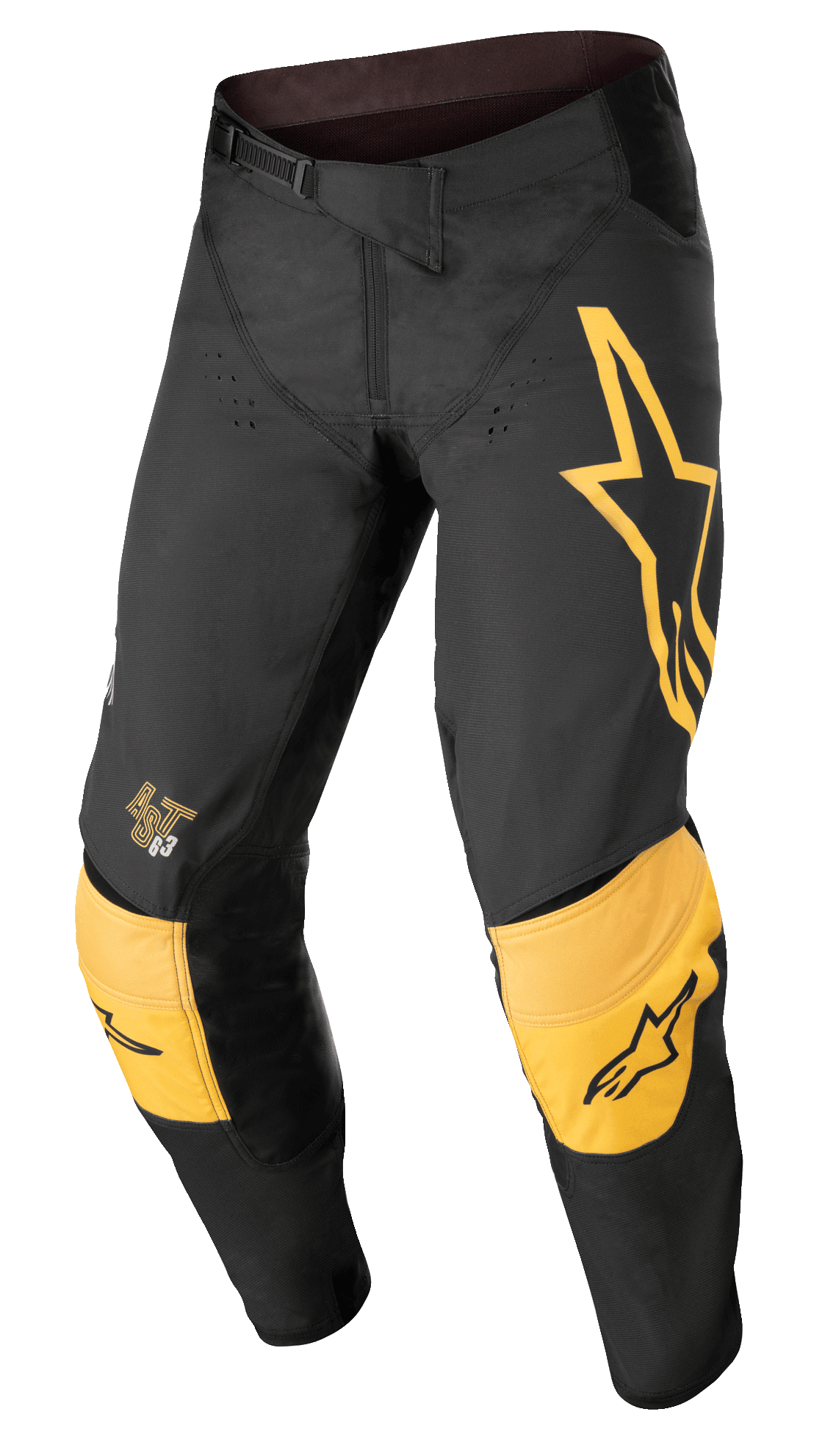 Alpinestars Techstar Quadro Pants, calças de motocross off-road, pretas e amarelas com detalhes tangerina, com um grande logótipo de estrela amarela na coxa esquerda, proteção reforçada amarela nos joelhos com logótipos pretos, orifícios de ventilação e um fecho de cintura por catraca seguro para um ajuste de corrida de alta performance.