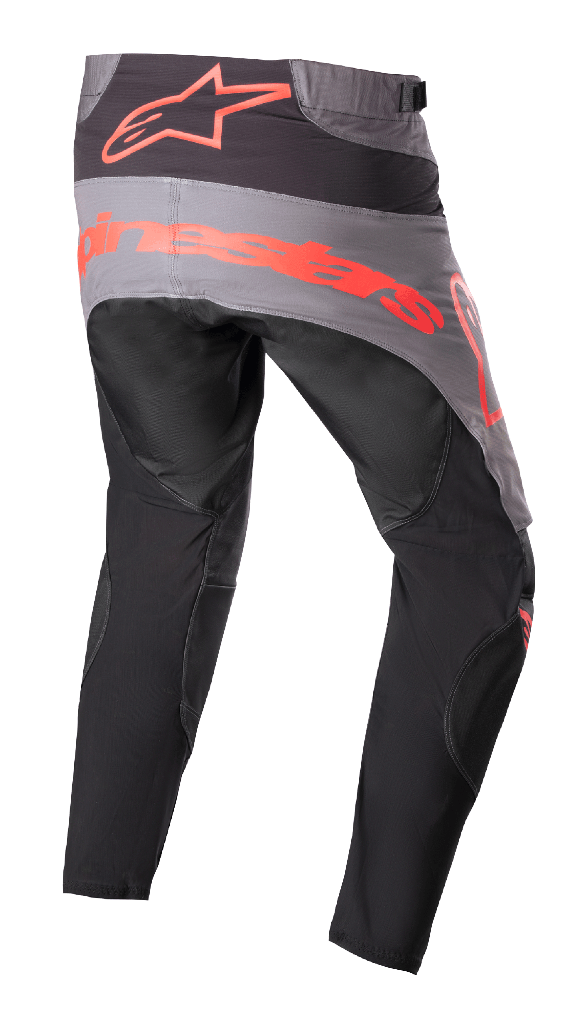 Alpinestars 2023 Techstar Sein Pants, calças de motocross, pretas e vermelho néon, vista traseira com painel de assento cinzento e logótipo grande em vermelho néon, pernas ergonómicas pré-curvadas e construção têxtil durável para desempenho todo-o-terreno