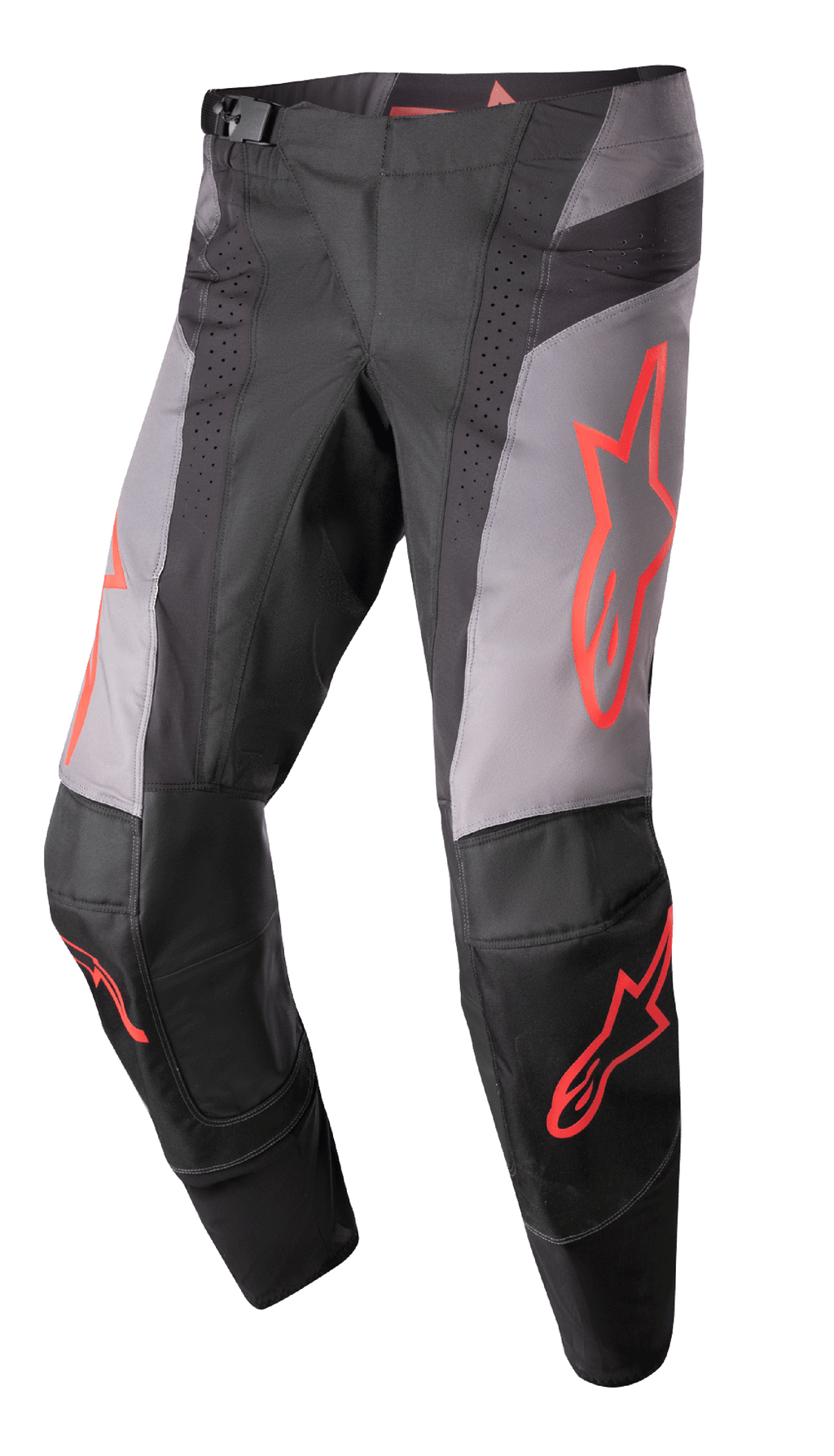 Alpinestars 2023 Techstar Sein Pants, calças de motocross, pretas e cinzentas com gráficos de estrelas em vermelho néon, com zonas de ventilação perfuradas, fivela magnética na cintura e construção de joelho 3D Babel reforçada para performance todo-o-terreno