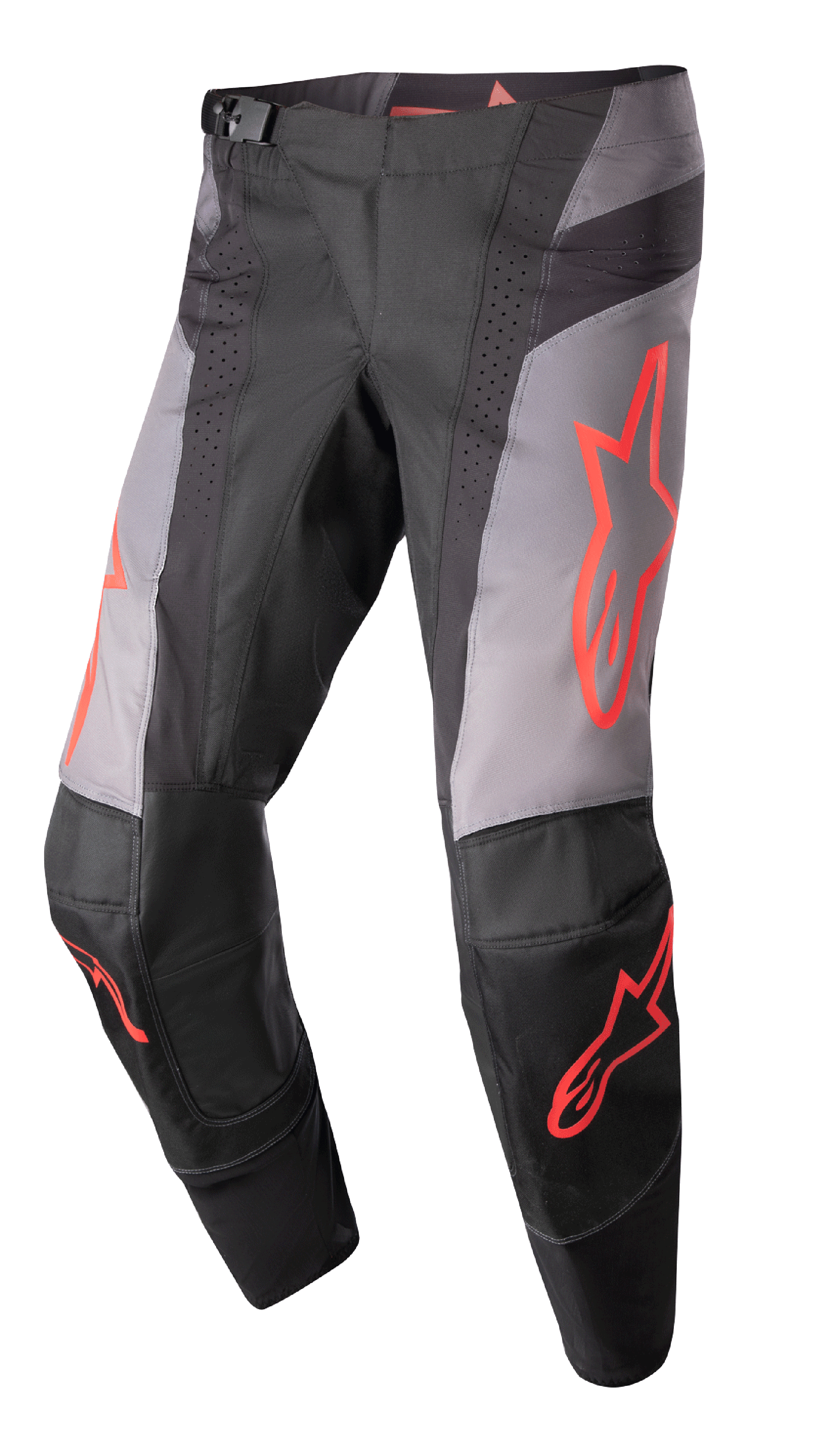 Alpinestars 2023 Techstar Sein Pants, calças de motocross, pretas e cinzentas com gráficos de estrelas em vermelho néon, com zonas de ventilação perfuradas, fivela magnética na cintura e construção de joelho 3D Babel reforçada para performance todo-o-terreno