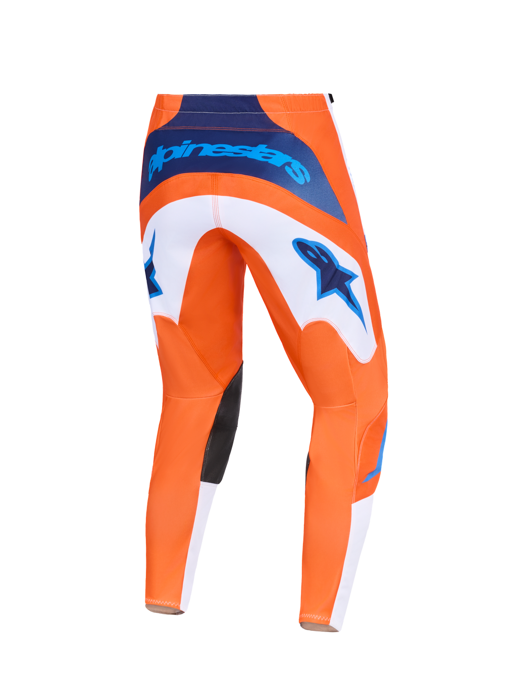 Alpinestars 2026 Fluid Grid Pants, calças de motocross, laranja e azul UCLA, vista traseira com painéis brancos e logótipos de estrela azuis, marca na cintura em azul-marinho e reforços pretos no interior dos joelhos, design durável para corridas off-road