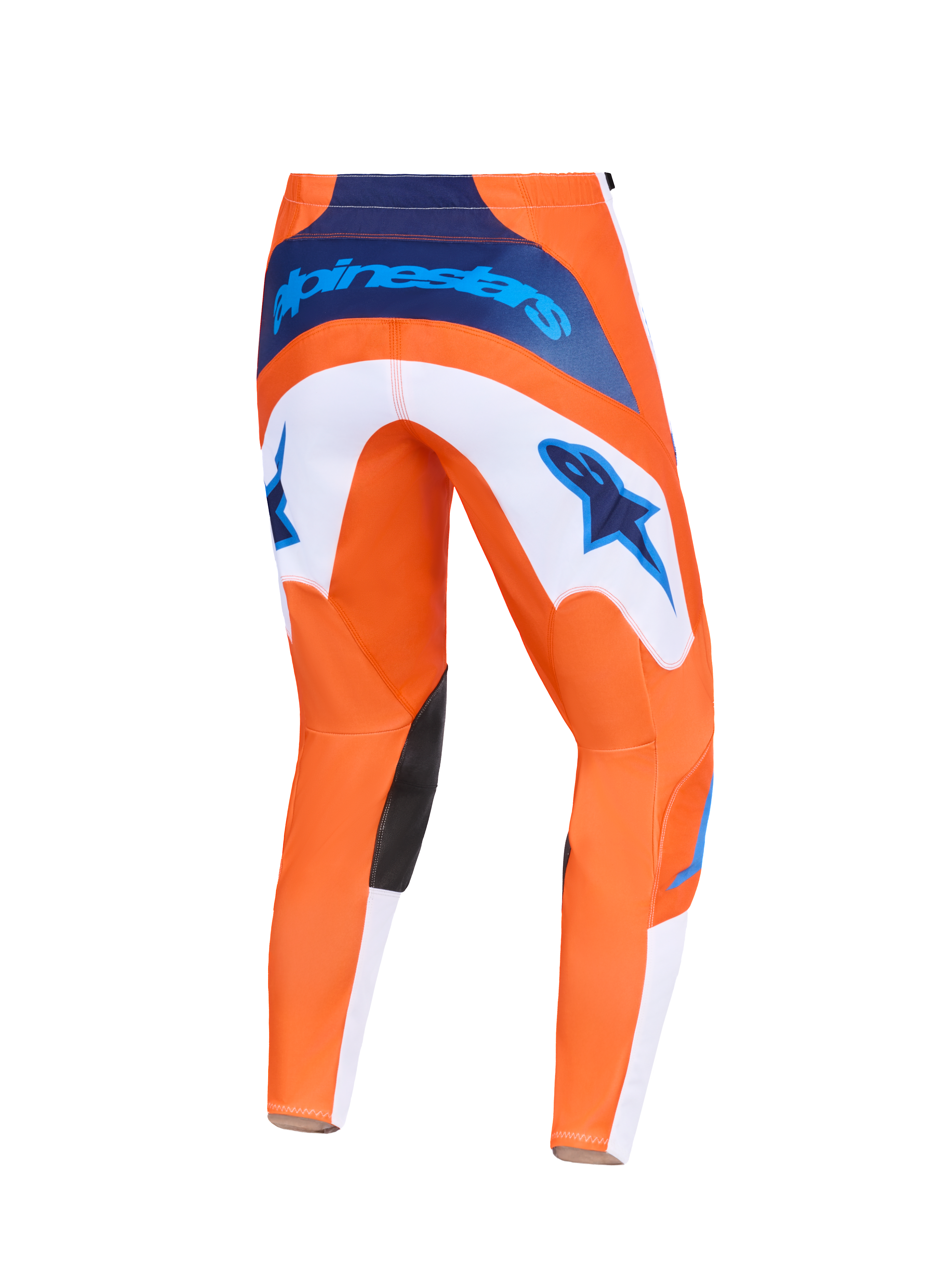 Alpinestars 2026 Fluid Grid Pants, calças de motocross, laranja e azul UCLA, vista traseira com painéis brancos e logótipos de estrela azuis, marca na cintura em azul-marinho e reforços pretos no interior dos joelhos, design durável para corridas off-road