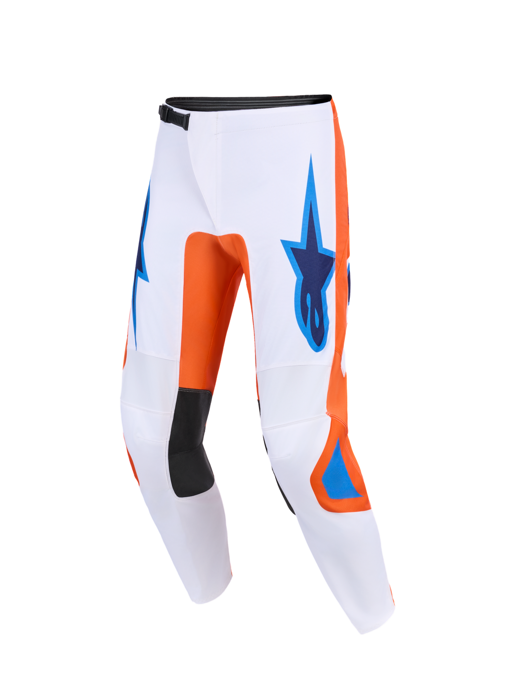 Alpinestars 2026 Fluid Grid Pants, calças de motocross, brancas com detalhes em laranja e azul UCLA, com logótipos Astars azuis nas coxas, painéis internos dos joelhos em preto e um design ergonómico técnico para performance off-road