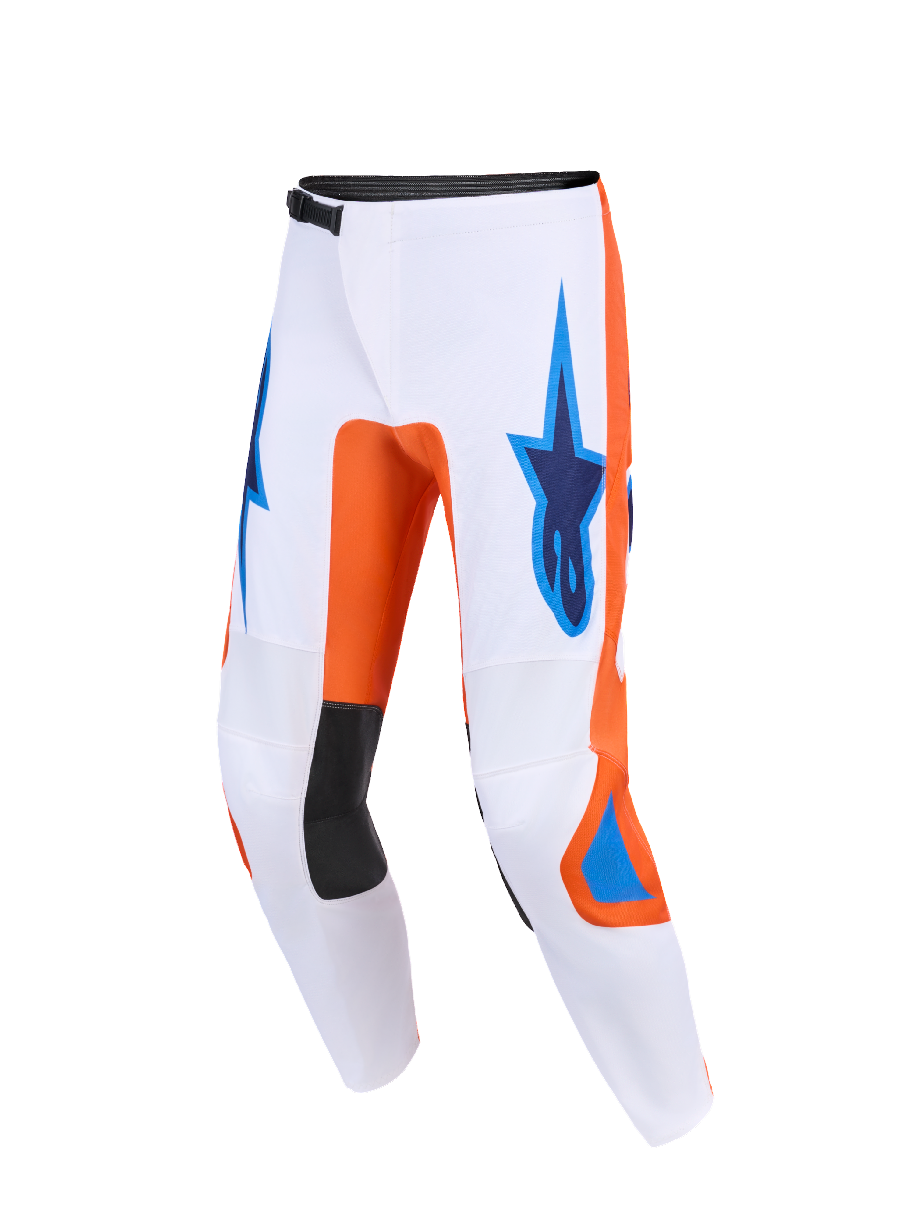 Alpinestars 2026 Fluid Grid Pants, calças de motocross, brancas com detalhes em laranja e azul UCLA, com logótipos Astars azuis nas coxas, painéis internos dos joelhos em preto e um design ergonómico técnico para performance off-road