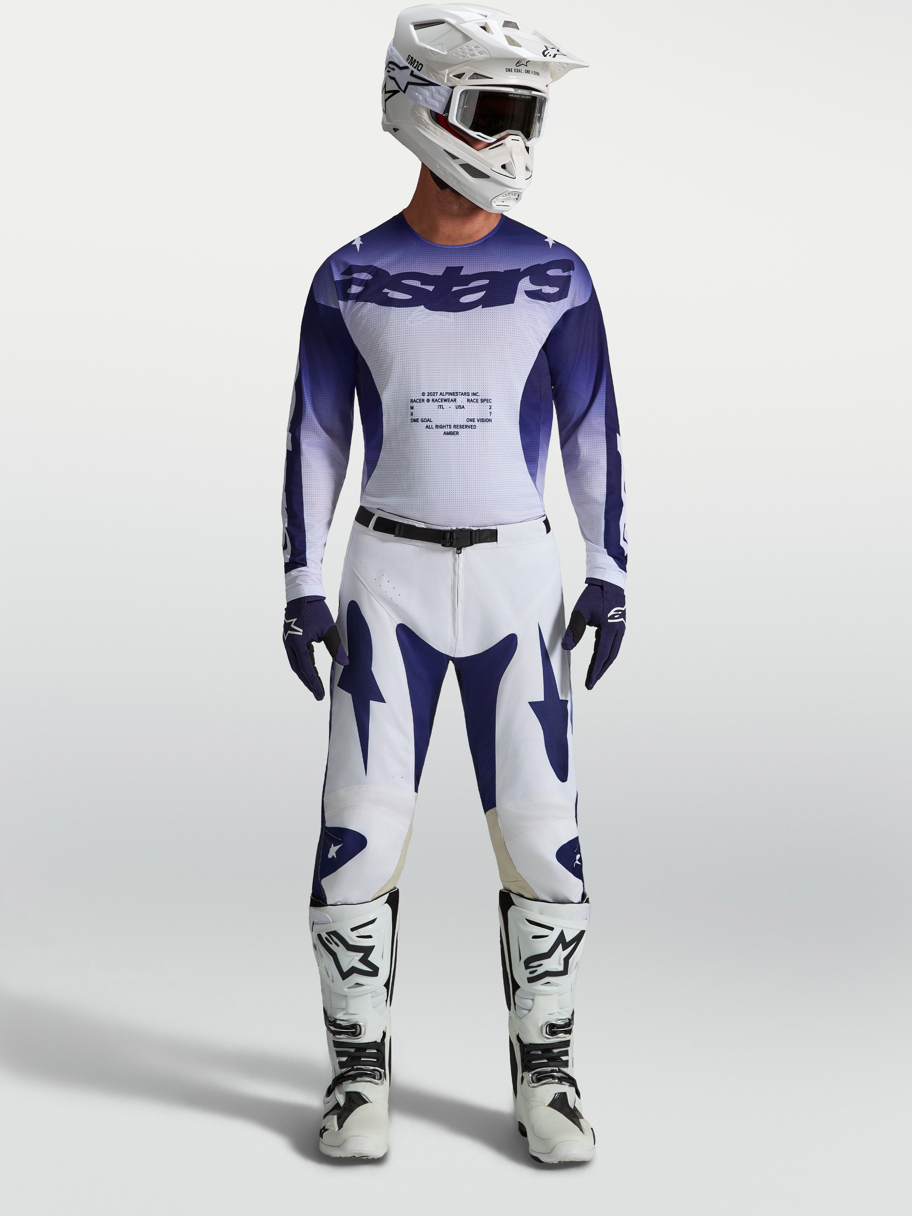 Alpinestars Calças Racer Air Amber, conjunto de equipamento de motocross para homem, azul e branco, com camisola de corrida perfurada e calças técnicas, estilo off-road.