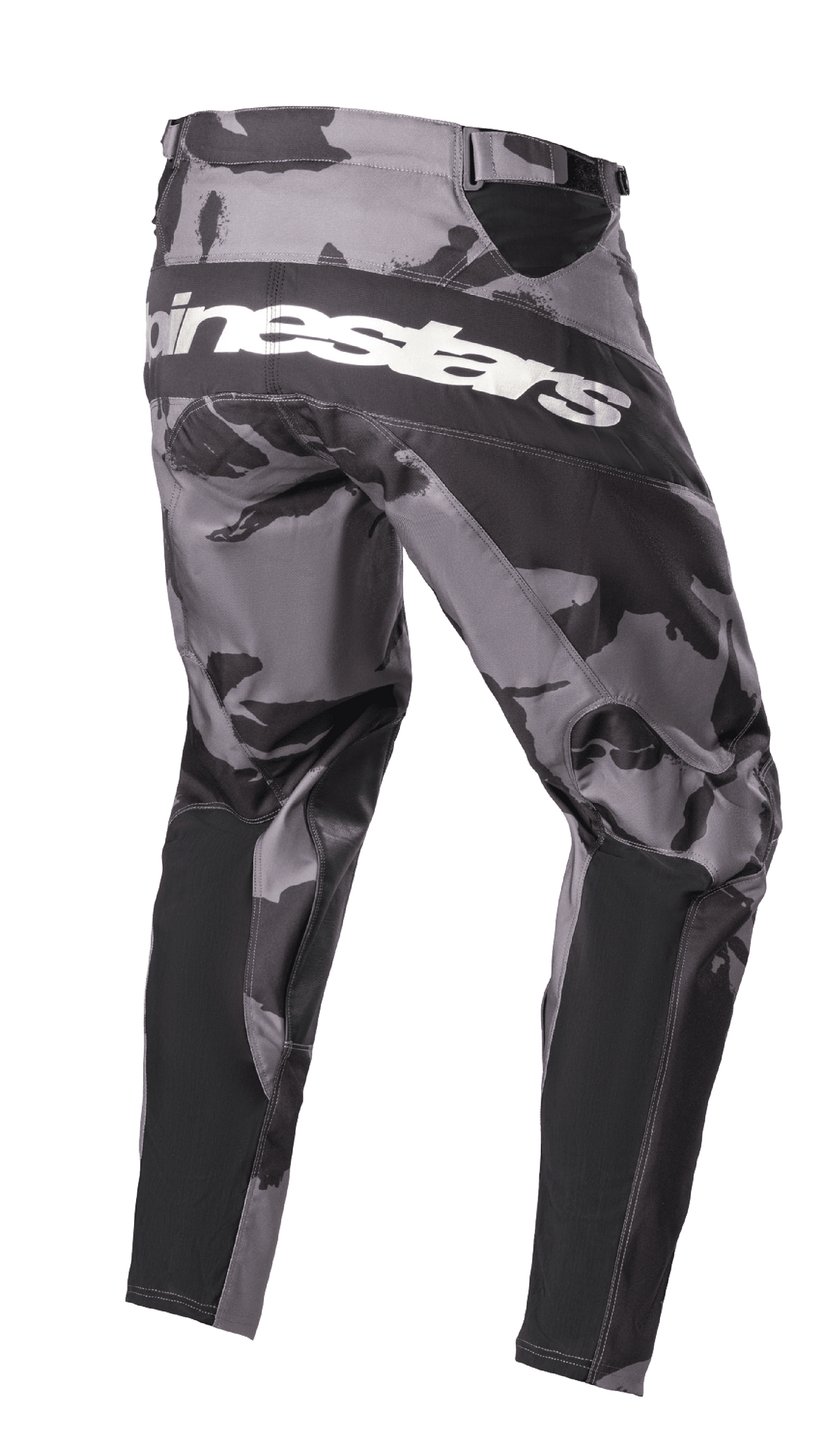 Alpinestars 2023 Racer Tactical Pants, calças de motocross, camuflagem Iron Camo cinzento e preto, vista traseira com o logótipo Alpinestars branco na zona do assento, painéis reforçados pretos e zonas elásticas técnicas para condução todo-o-terreno.