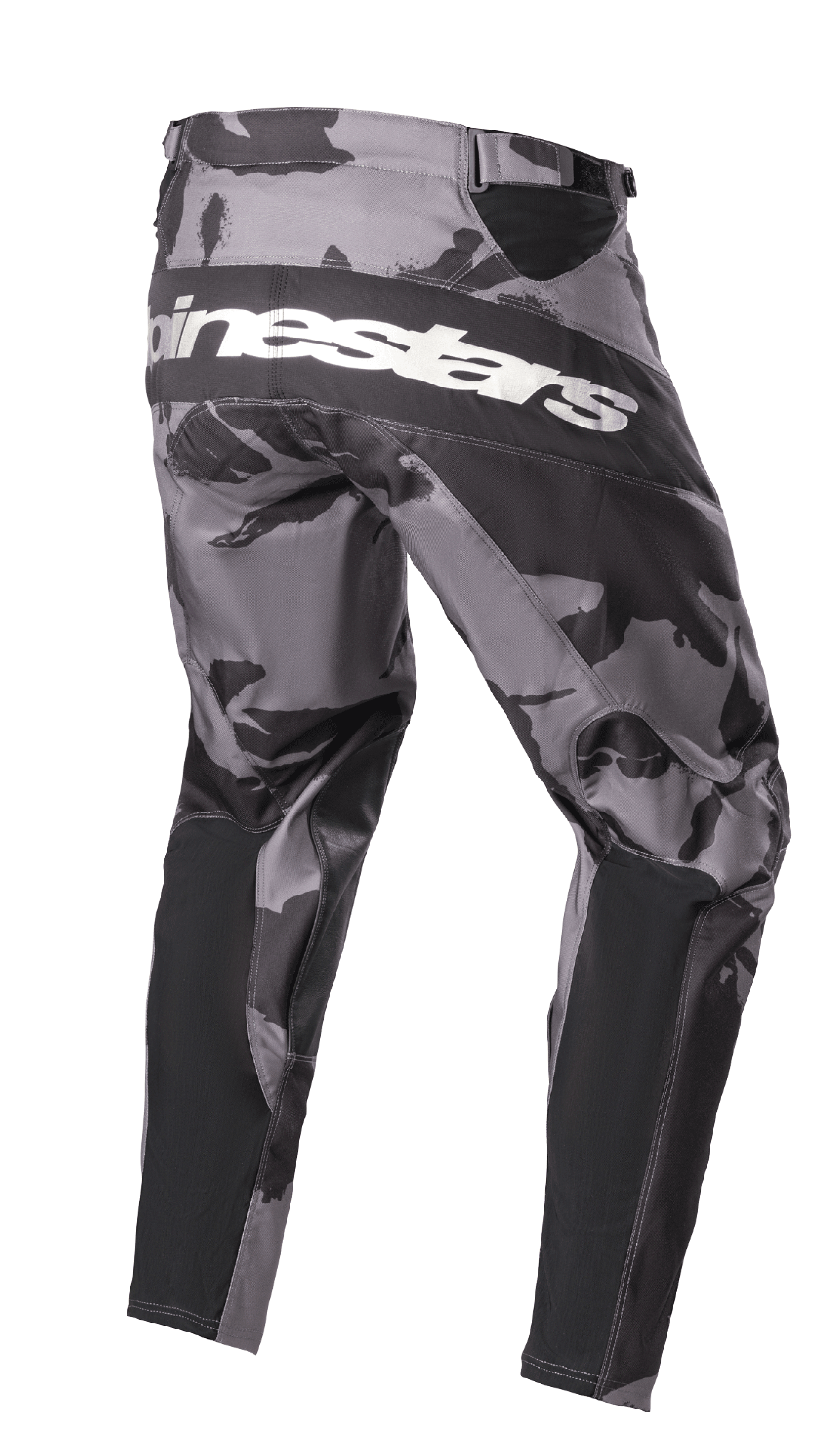 Alpinestars 2023 Racer Tactical Pants, calças de motocross, camuflagem Iron Camo cinzento e preto, vista traseira com o logótipo Alpinestars branco na zona do assento, painéis reforçados pretos e zonas elásticas técnicas para condução todo-o-terreno.
