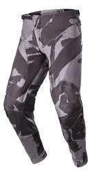 Alpinestars 2023 Racer Tactical Pants, calças de motocross e todo-o-terreno, em cinzento Iron Camo e preto, com reforços em couro no interior das pernas, ajuste de cintura por catraca e construção durável em poliéster 600D.