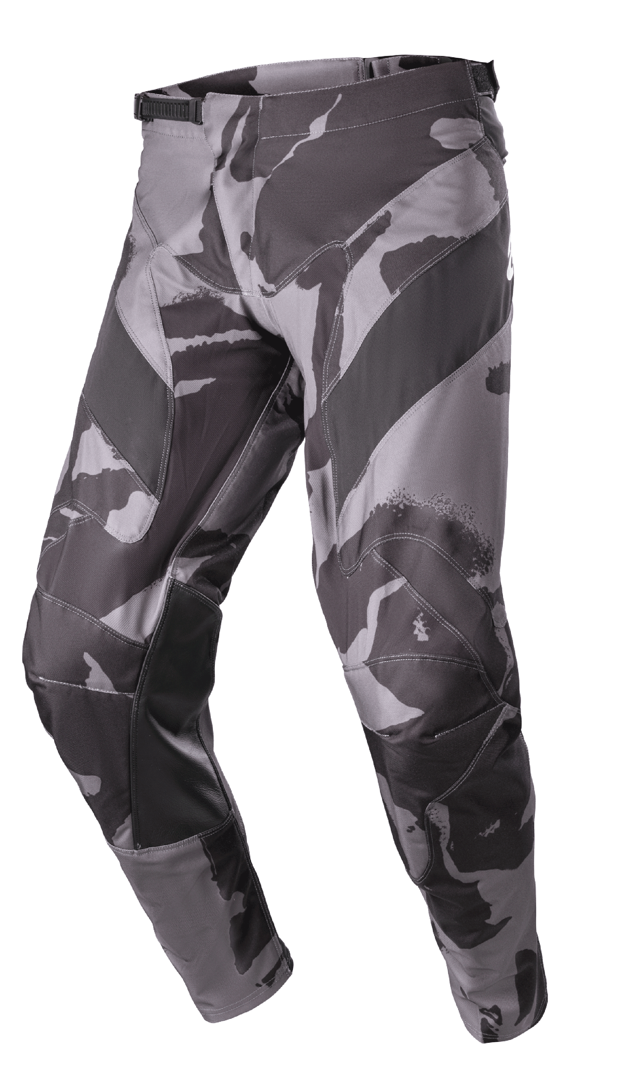 Alpinestars 2023 Racer Tactical Pants, calças de motocross e todo-o-terreno, em cinzento Iron Camo e preto, com reforços em couro no interior das pernas, ajuste de cintura por catraca e construção durável em poliéster 600D.