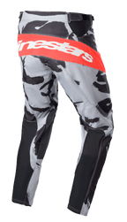 Alpinestars 2023 Racer Tactical Pants, Motocross Pants, Cast Gray Camo and Mars Red, large red horizontal band with white Alpinestars logo on the rear, camouflage pattern with black panels, sporty design for dirt bike racing