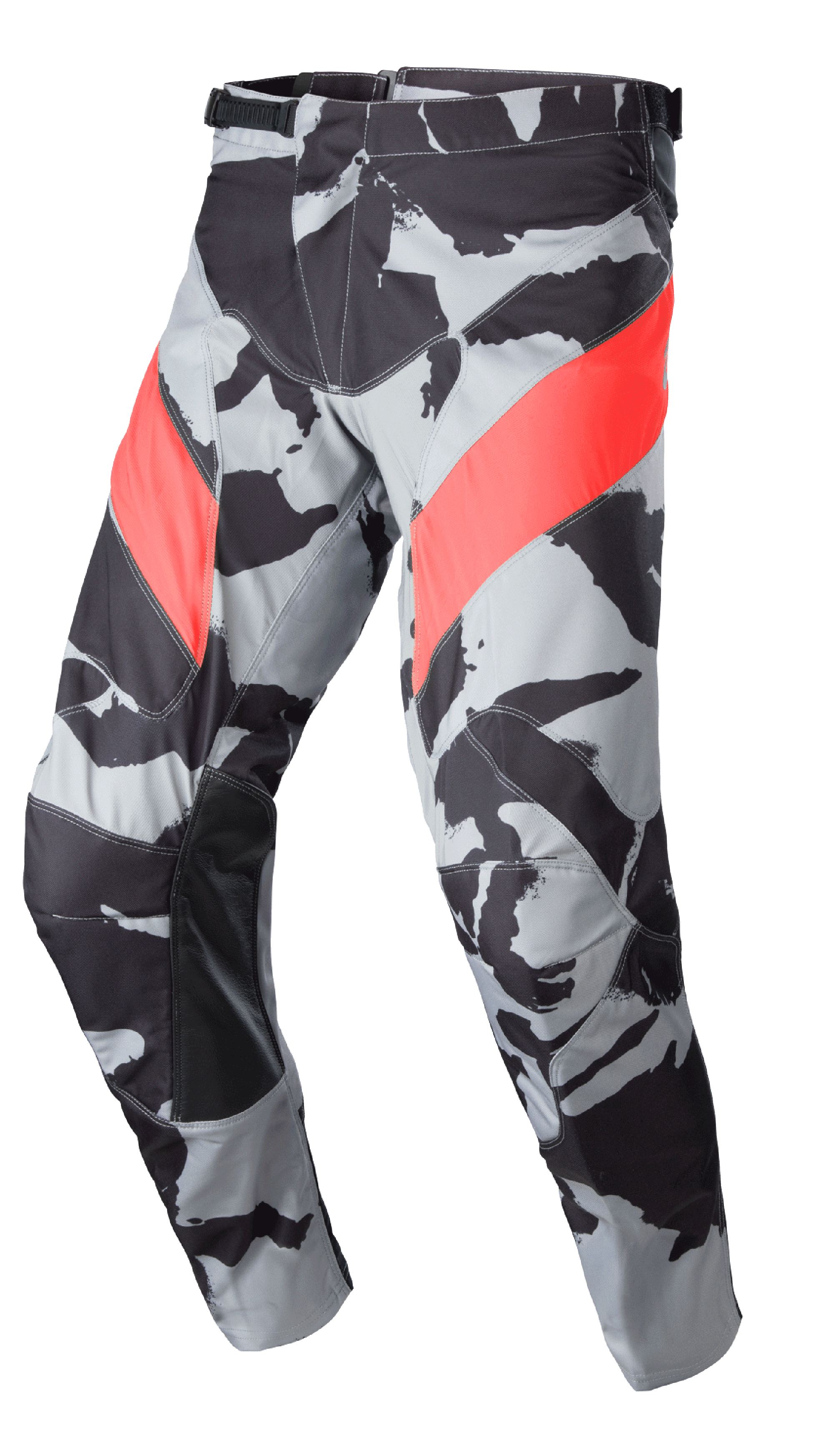 Alpinestars 2023 Racer Tactical Pants, calças de motocross e todo-o-terreno, padrão camuflado Cast Gray e preto com detalhes diagonais Mars Red, painéis internos das pernas reforçados com couro, fecho de catraca na cintura, design ergonómico pré-curvado para condução em todo-o-terreno