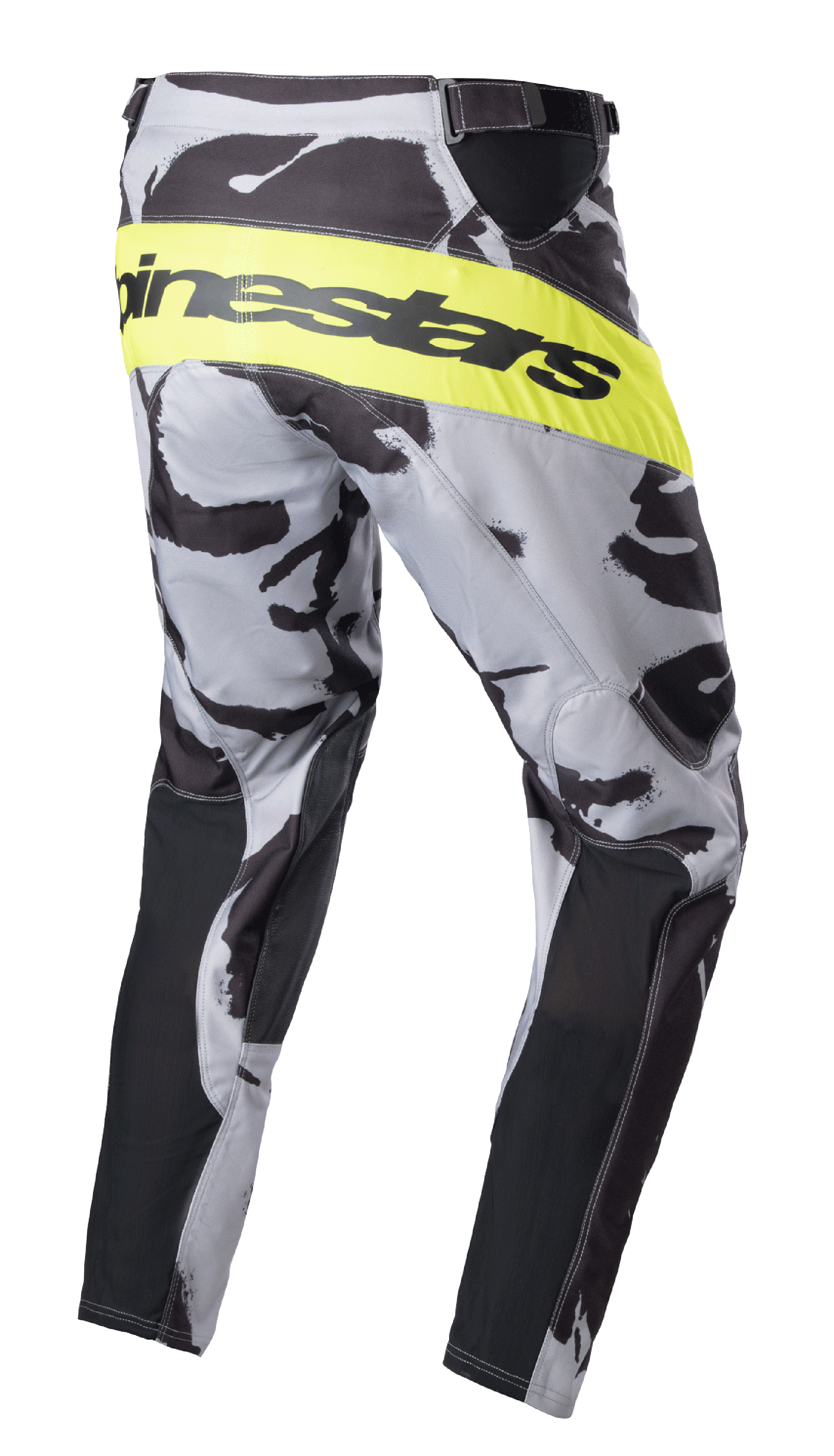Alpinestars 2023 Racer Tactical Pants, calças de motocross, camuflado cinzento e amarelo fluorescente, vista lateral traseira com faixa amarela fluorescente e marca Alpinestars a preto, padrão camuflado com painéis pretos no interior das pernas, equipamento de performance para todo-o-terreno