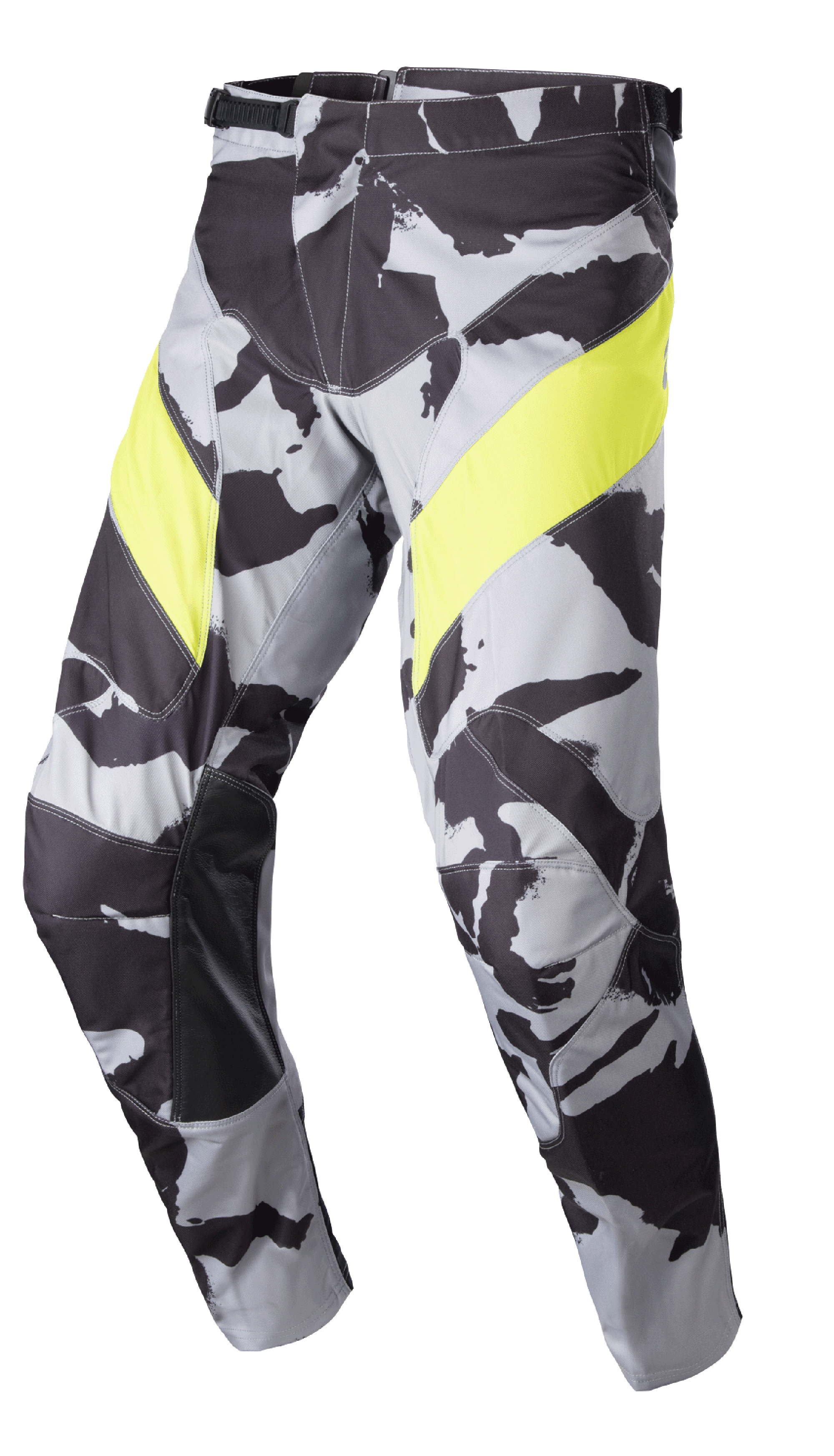 Alpinestars 2023 Racer Tactical Pants, calças de motocross, Cast Gray Camo e Amarelo Fluo, com padrão camuflado cinzento, painéis amarelos vibrantes nas coxas, reforços internos dos joelhos em pele preta e fecho de cintura por catraca para corridas todo-o-terreno