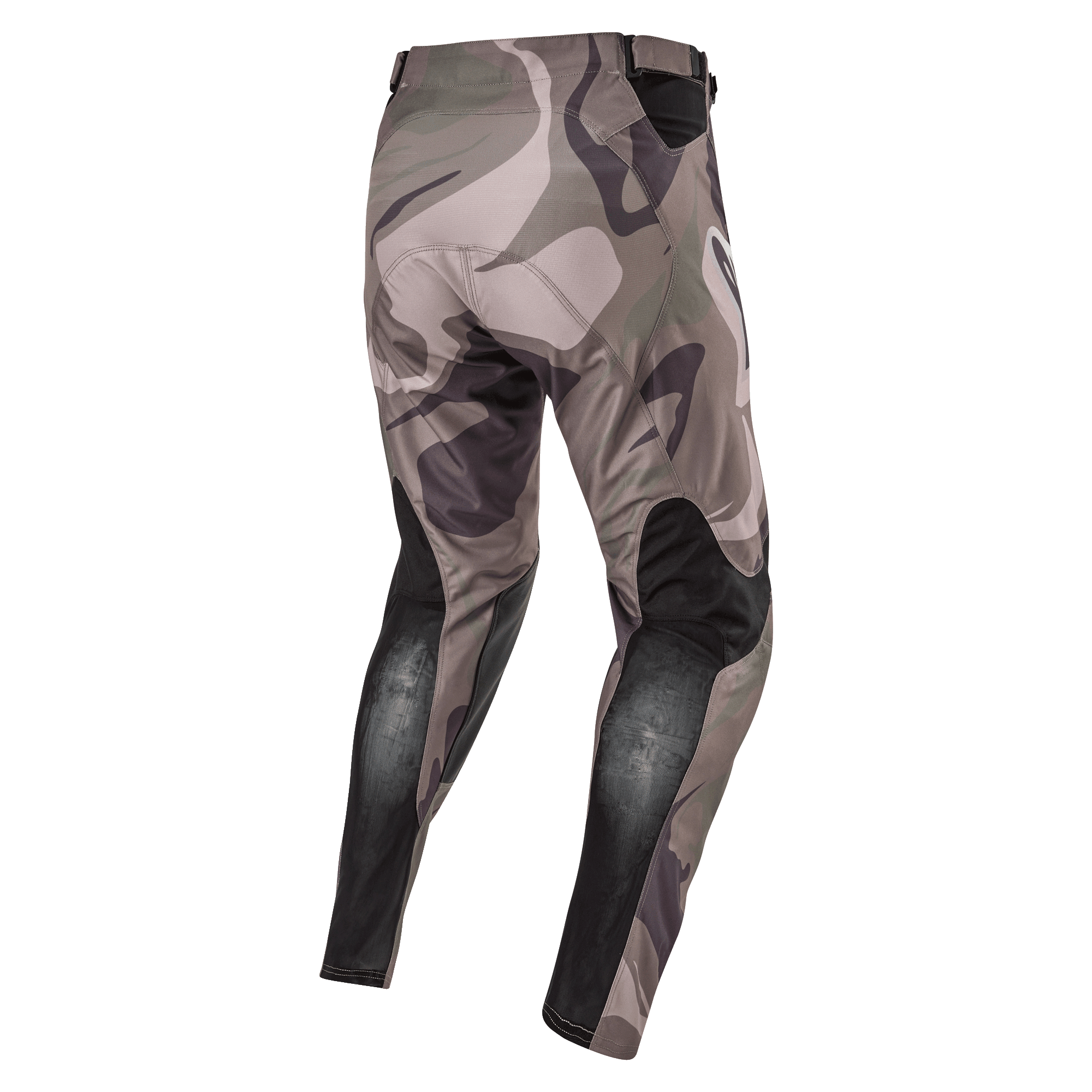 Calças Alpinestars 2024 Racer Tactical, calças de motocross, camuflado verde militar e castanho, vista traseira mostrando painéis elásticos respiráveis pretos na zona inferior das pernas e padrão camuflado, têxtil durável para corridas todo-o-terreno