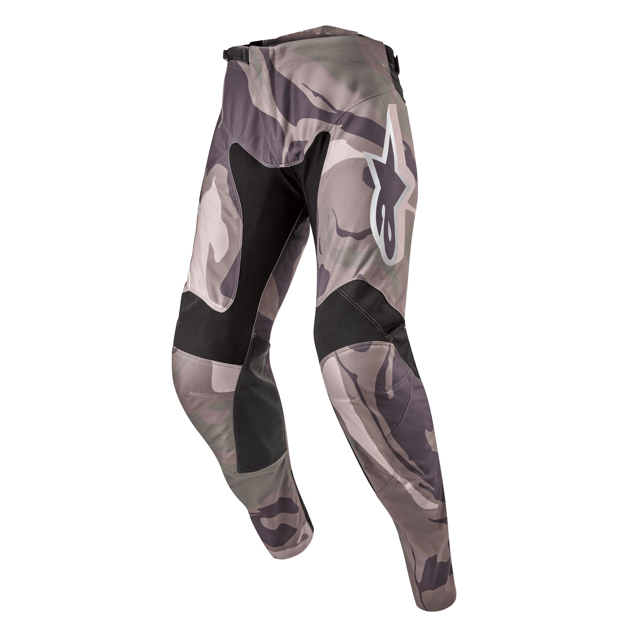 Alpinestars 2024 Racer Tactical Pants, calças de motocross, padrão de camuflagem Military Green Camo Brown, com painéis elásticos pretos na zona interna das coxas e joelhos, logótipo Alpinestars branco na coxa, design ergonómico pré-curvado para corridas todo-o-terreno